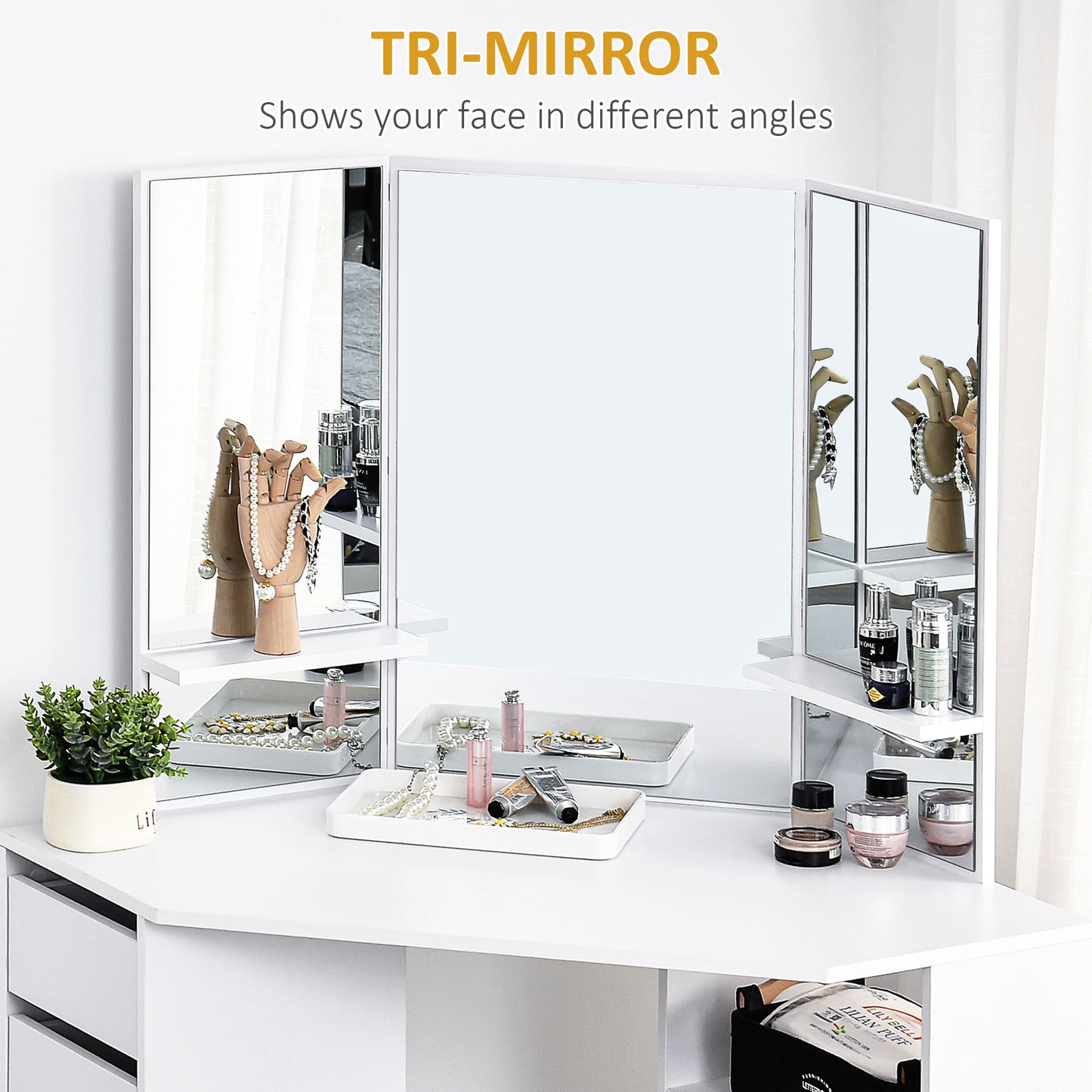 HOMCOM Corner Vanity Desk with Mirror, Makeup Vanity Table with 5 Drawers and Open Shelves, Dressing Table with 3-piece Mirror for Bedroom, Black