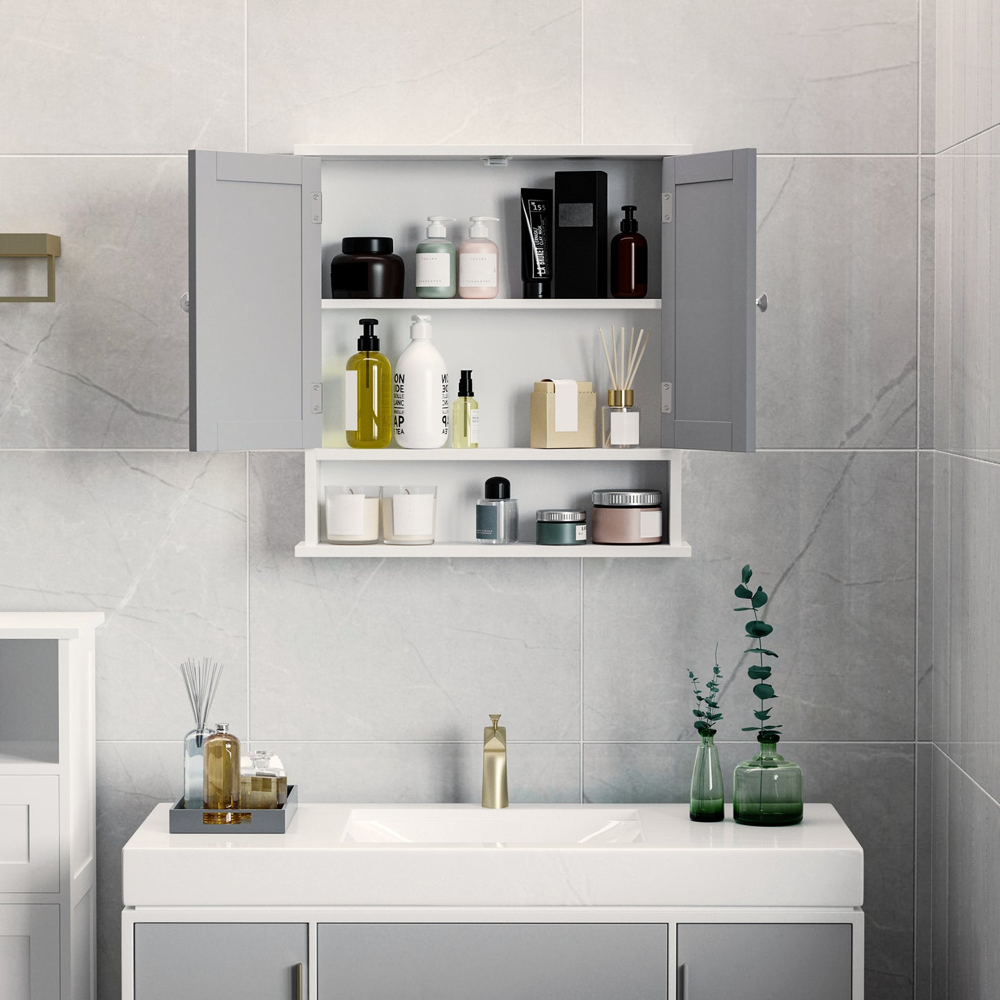 kleankin Medicine Cabinet, Wall-Mounted Bathroom Mirror Cabinet with Double Doors, Open Shelf, and Adjustable Shelf, Modern Bathroom Wall Cabinet, White and Grey