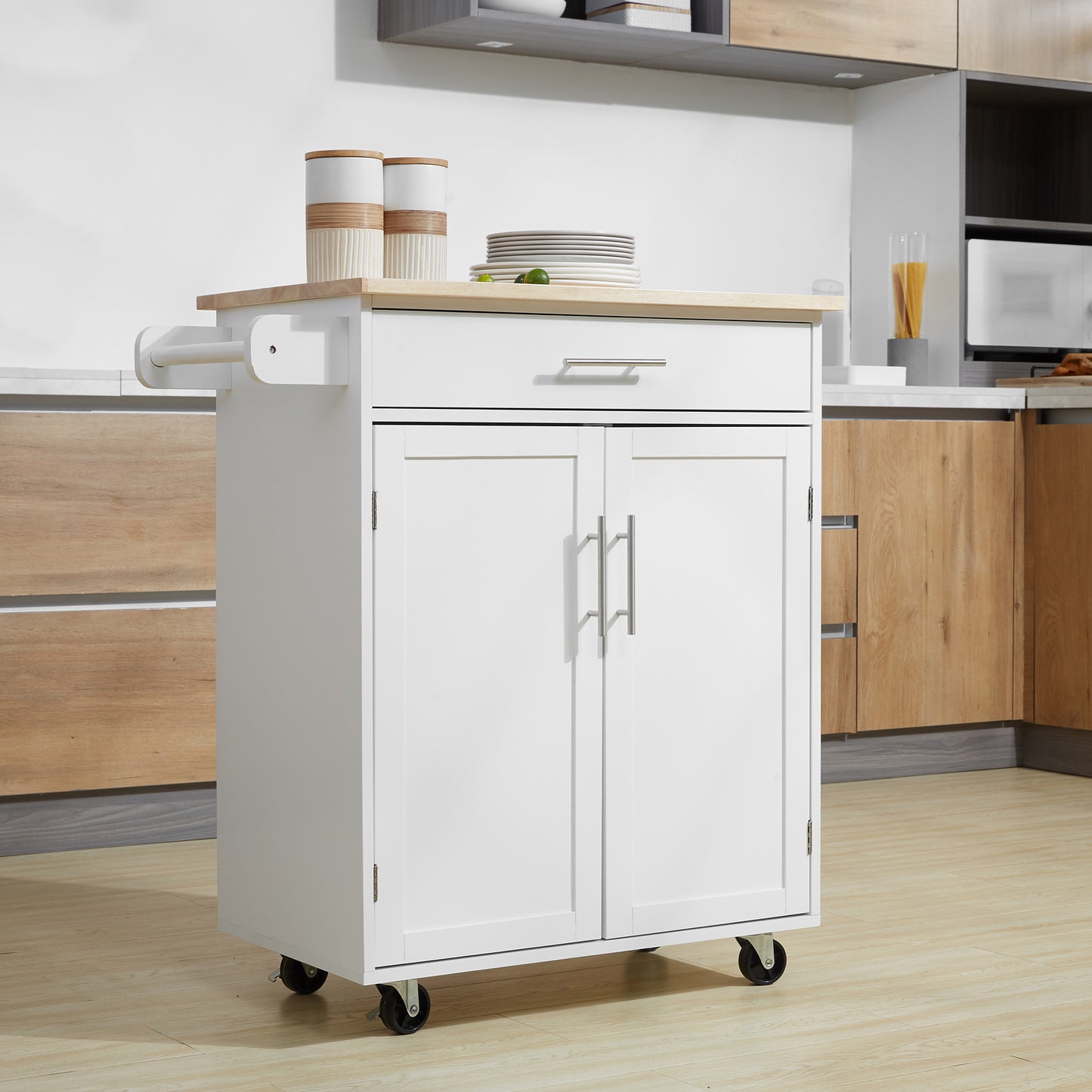 HOMCOM Rolling Kitchen Island Cart with Wood Top, Enough Storage Drawer Space with Towel Bar Rack Shelves, Portable Kitchen Utility Serving Cart Trolley on Wheels, Black