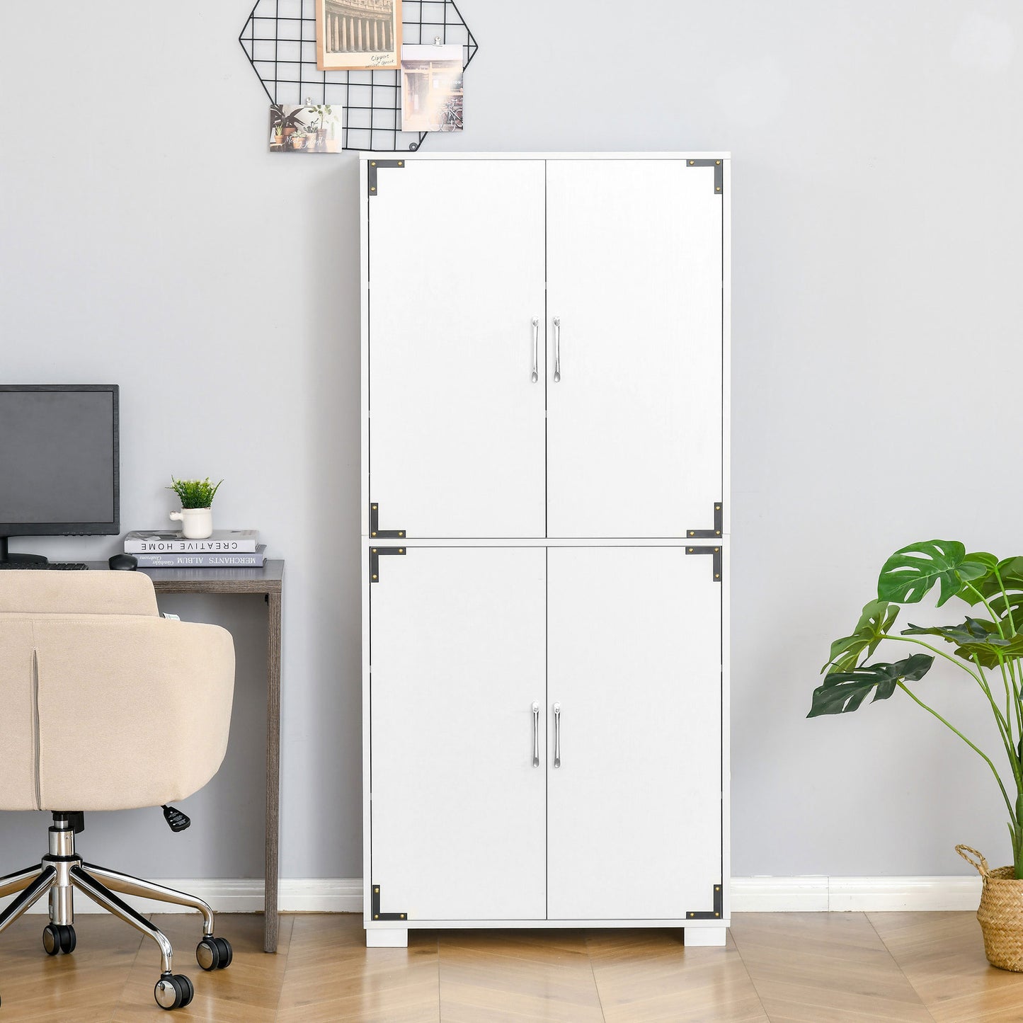HOMCOM Farmhouse Kitchen Pantry Storage Cabinet with 4 Doors, Kitchen Cabinet with Shelves, White
