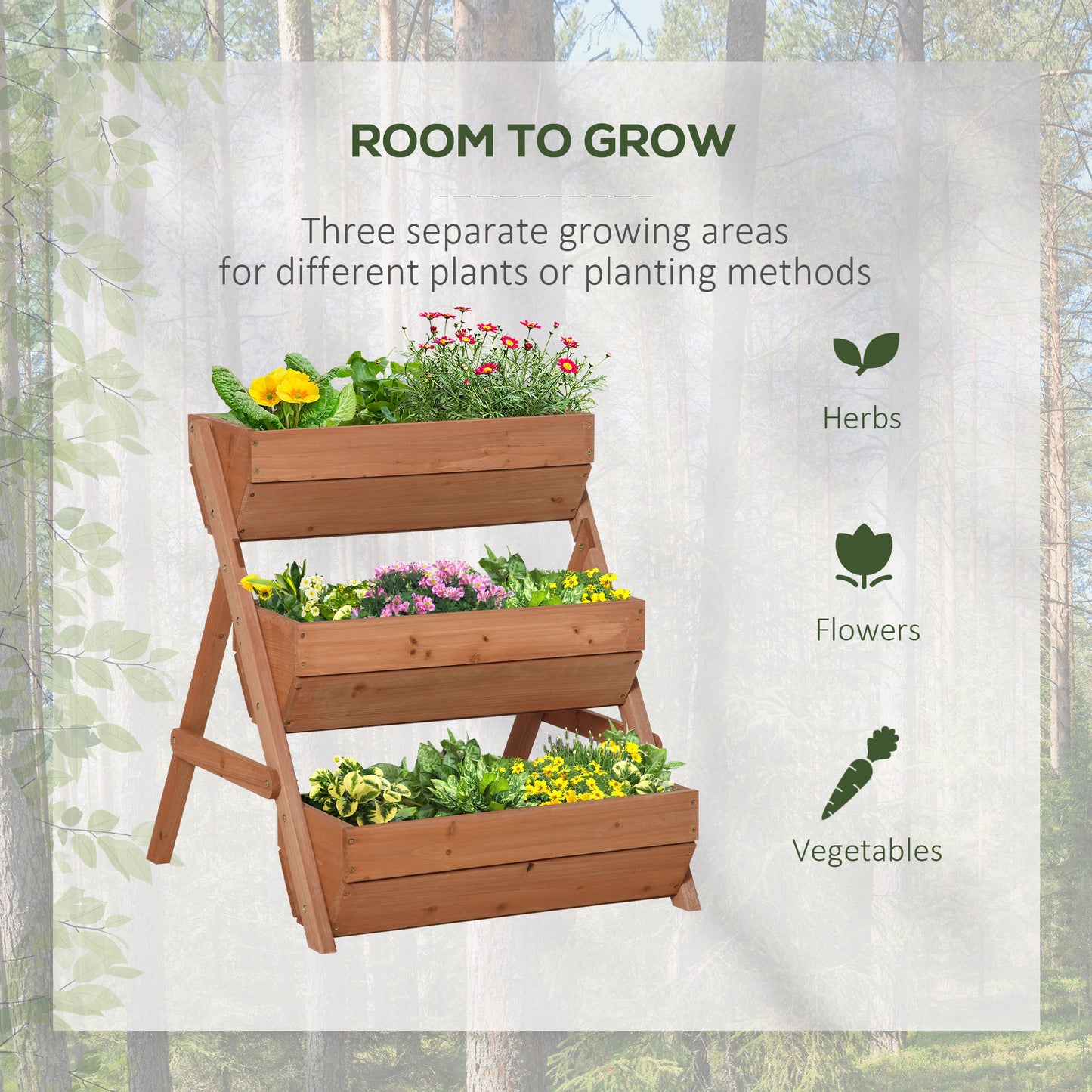Outsunny 3 Tier Elevated Planter Box, Vertical Wooden Raised Garden Bed for Flowers, Vegetables, Herbs, 26" x 30" x 30", Green