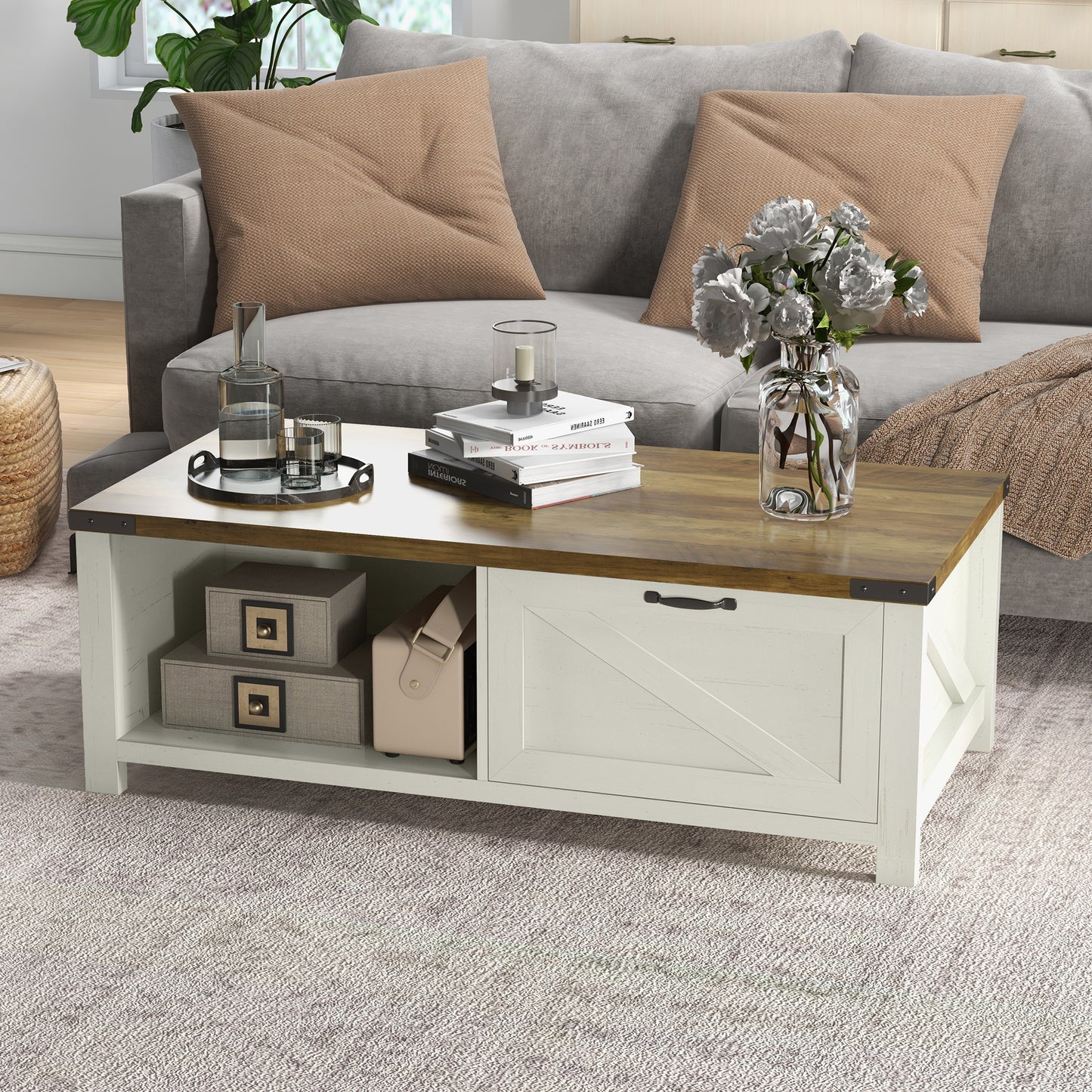 HOMCOM Industrial Coffee Table Side End Table with Drawer, Open Storage Shelf, Modern Farmhouse Furniture, for Living Room, Dining Room, Office, White Oak