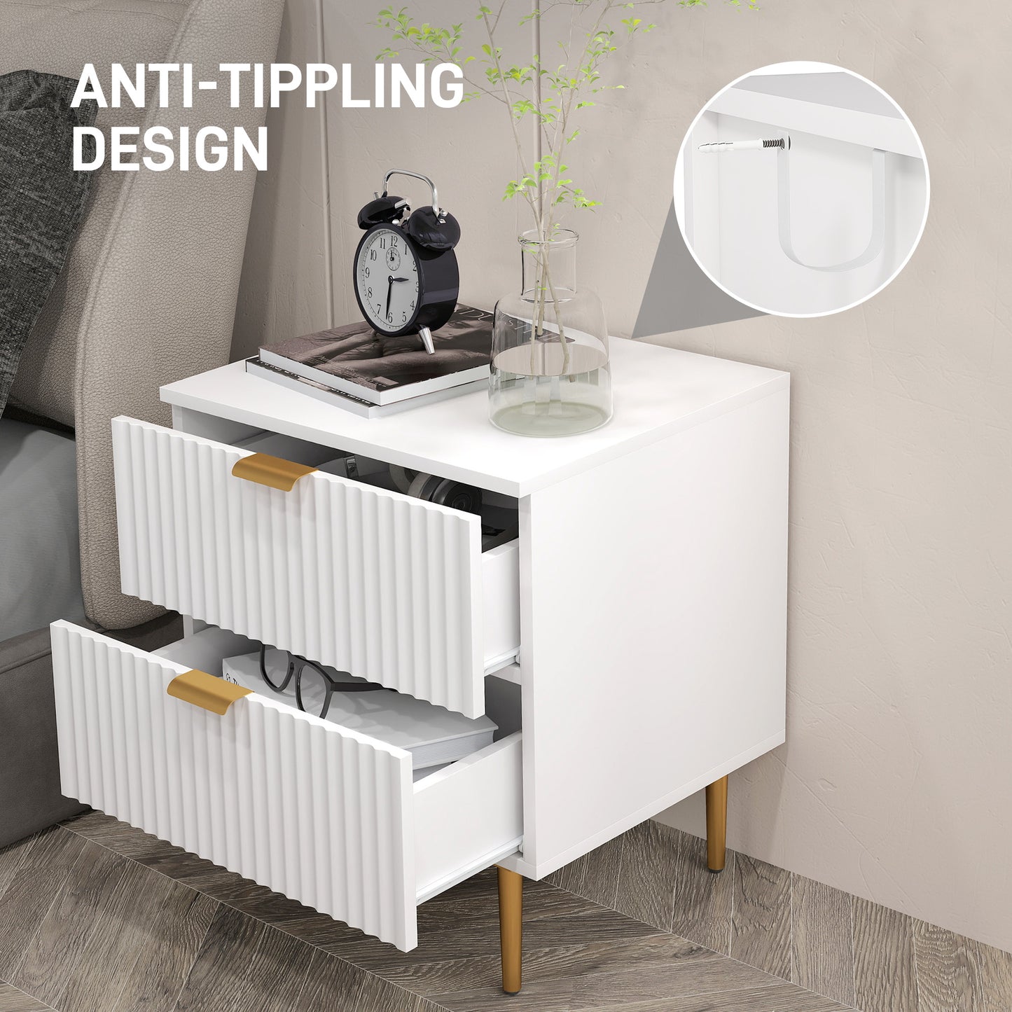 HOMCOM Bedside Table, Modern Nightstand with 2 Drawers, Side End Table with Metal Legs for Living Room, Bedroom, Black