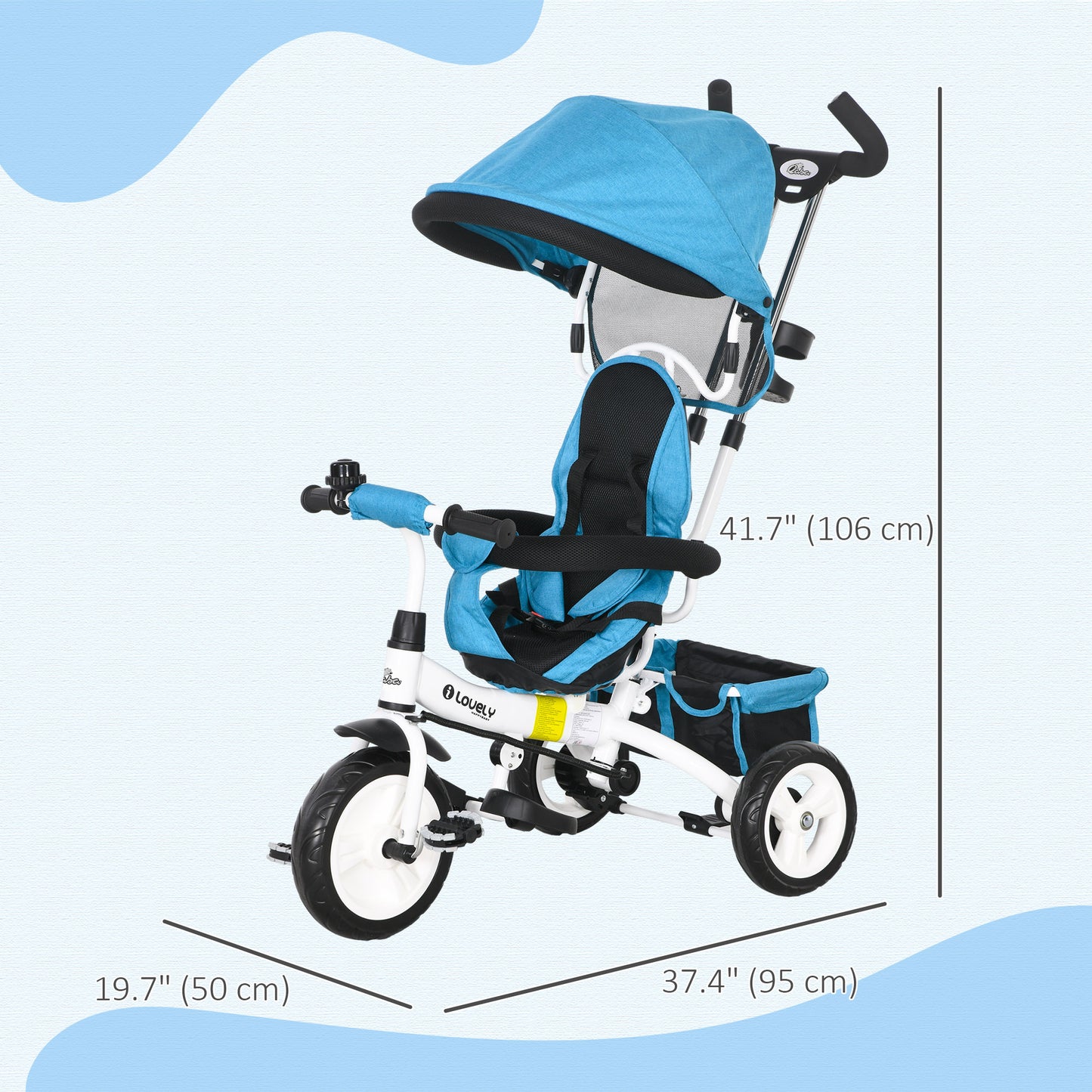 Qaba 6 in 1 Toddler Tricycle Stroller with Basket, Canopy, 5-point Safety Harness, for 12-60 Months, Blue