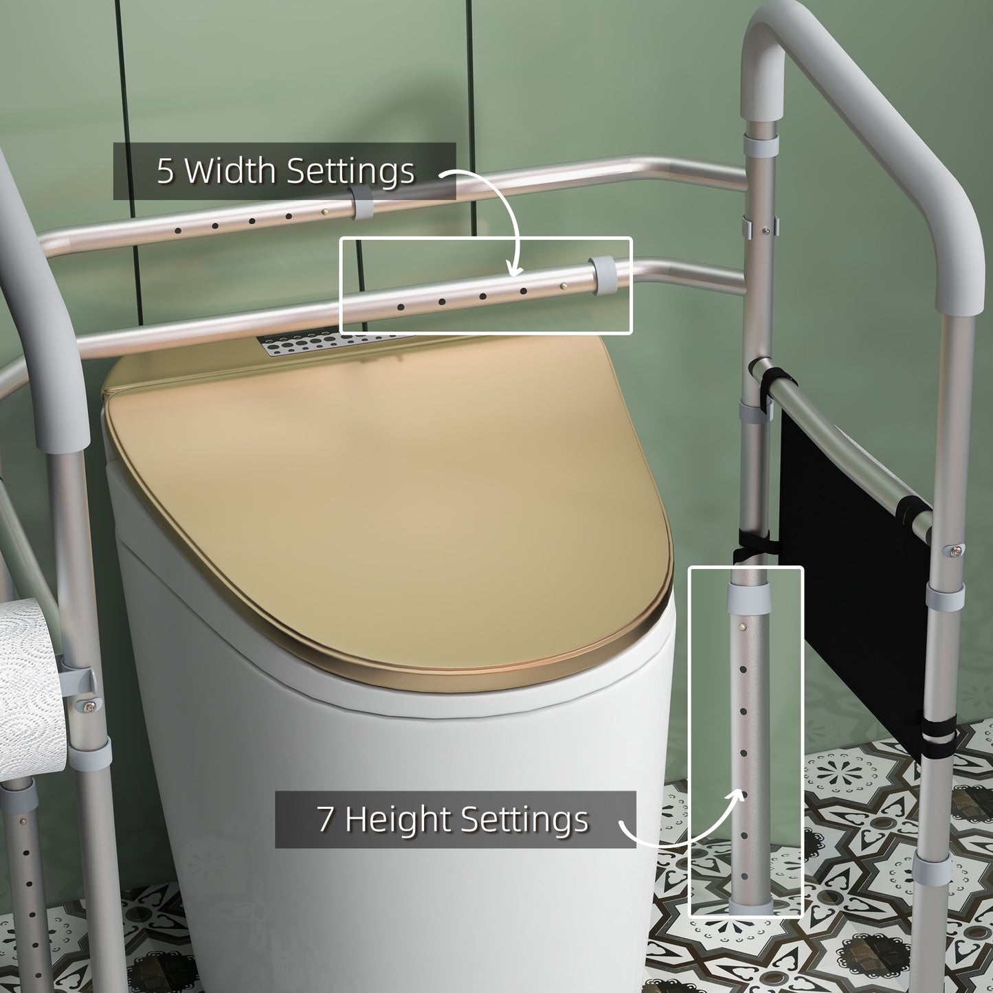 HOMCOM Stand Alone Toilet Safety Rails, Toilet Rails with Adjustable Height Width, 300lb Grab Bar with Suction Cups, Storage, Padded Handles for Elderly