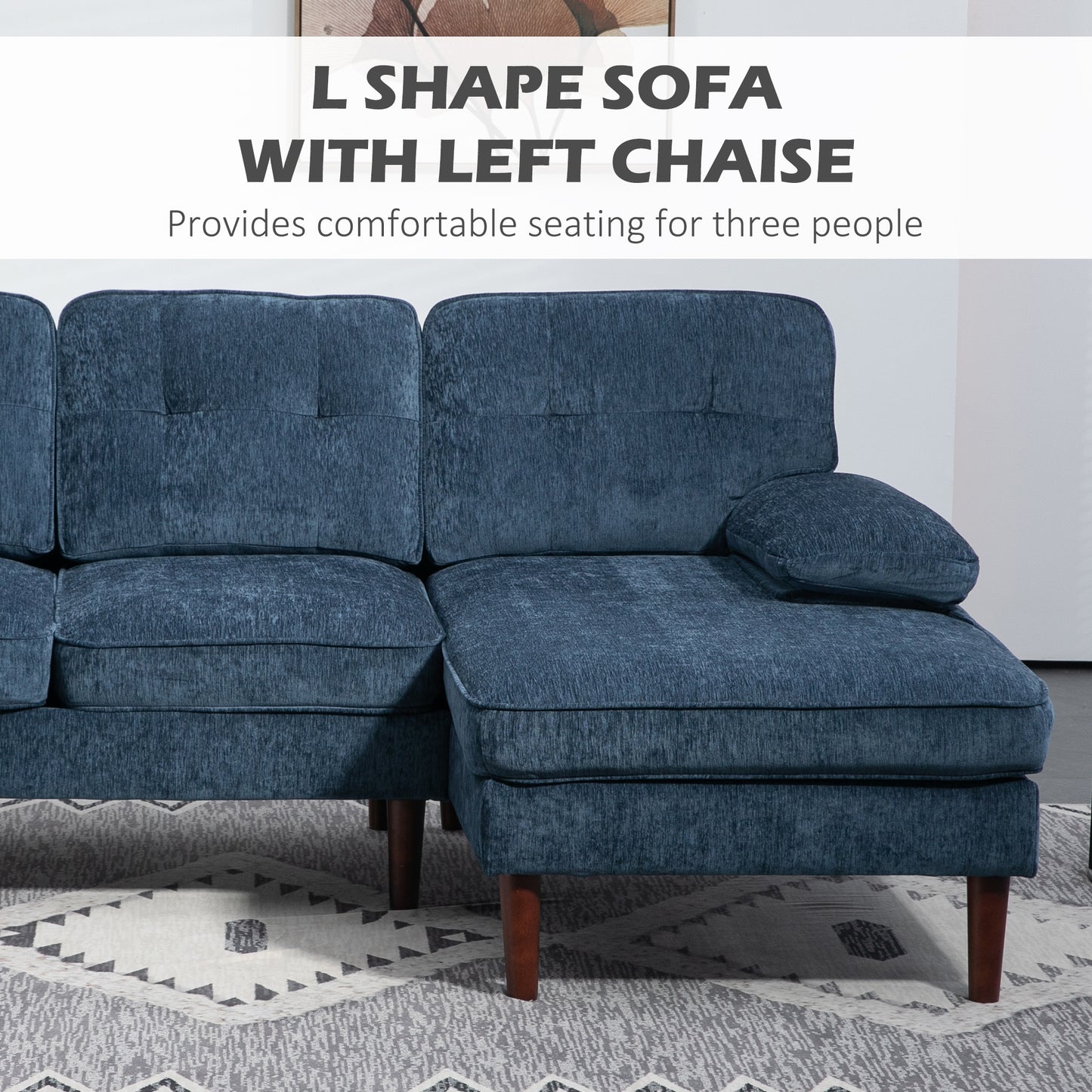 HOMCOM Modern Corner Couch with Right Chaise Lounge, Tufted 3-Seater Sofa with Wooden Legs for Living Room, Navy Blue