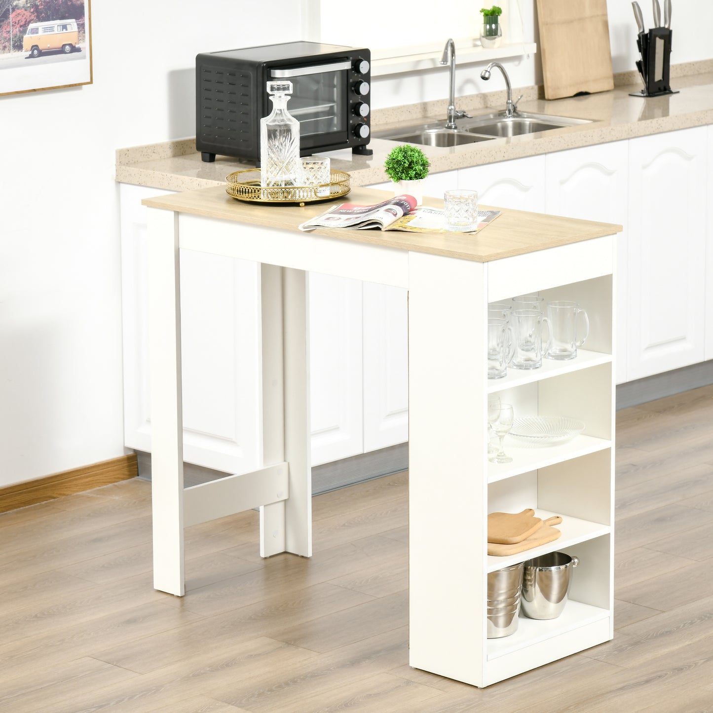 HOMCOM Bar Table, High Top Pub Table with 4 Storage Shelves, Modern Bar Height Table for Home Bar, Kitchen, Grey