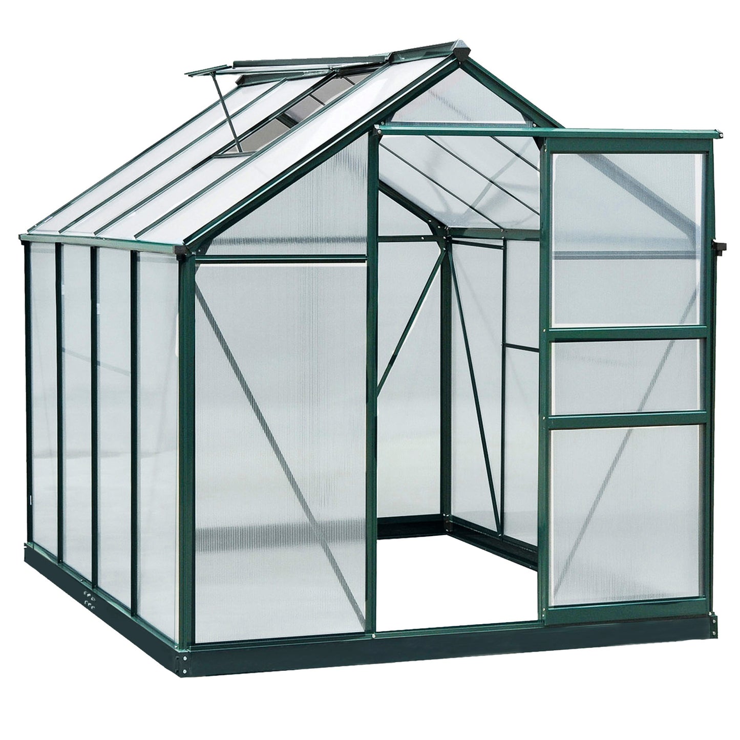 Outsunny 6' x 10' x 6.6' Polycarbonate Greenhouse, Walk-In Green House Kit Garden, Plants Grow, Galvanized Sheet Aluminum Frame with Rain Gutter, Vents and Sliding Door, Green