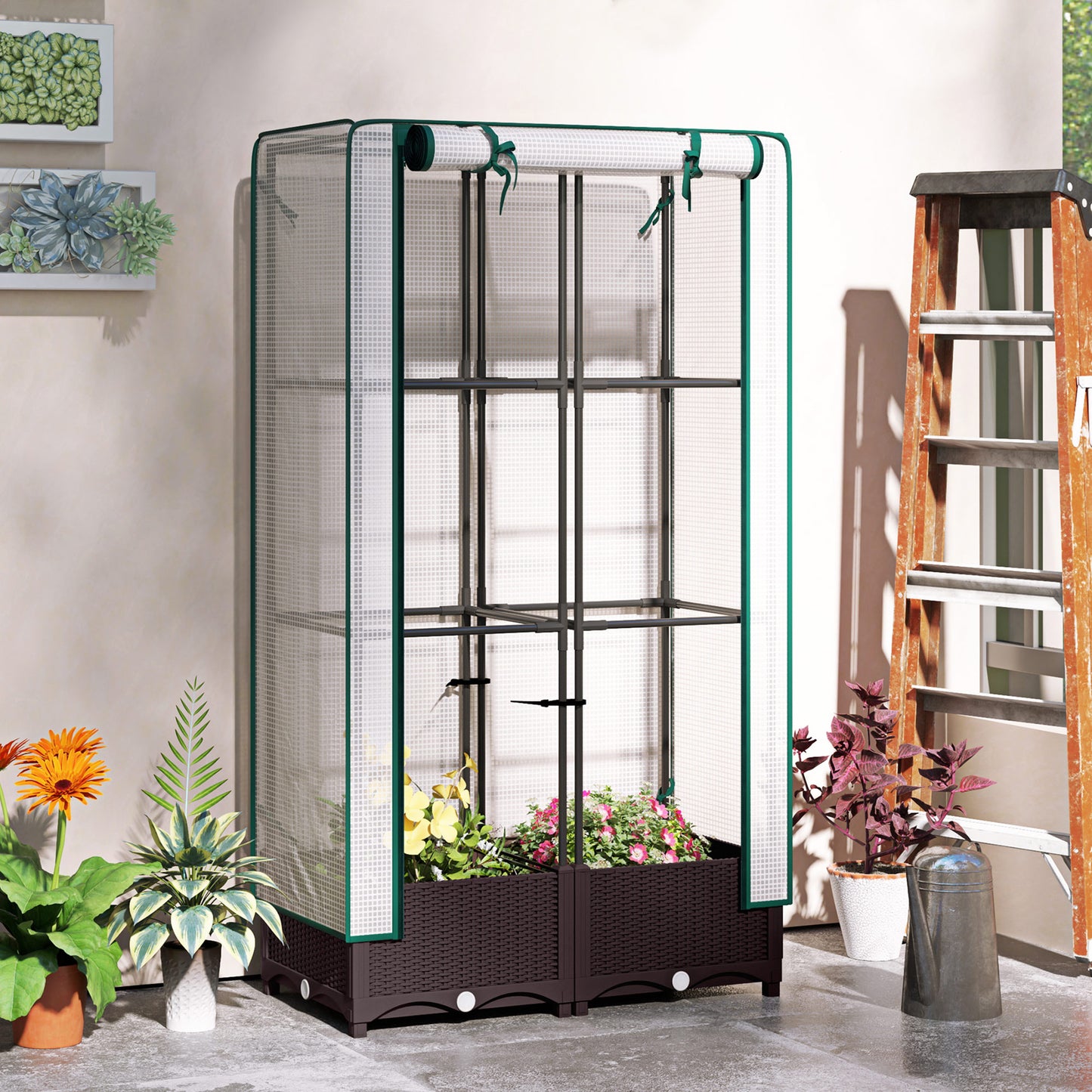 Outsunny Raised Garden Bed Kit with Trellis, Plastic Raised Flower Bed with PE Cover and Zipper Door, 47 x 16 x 50 inch