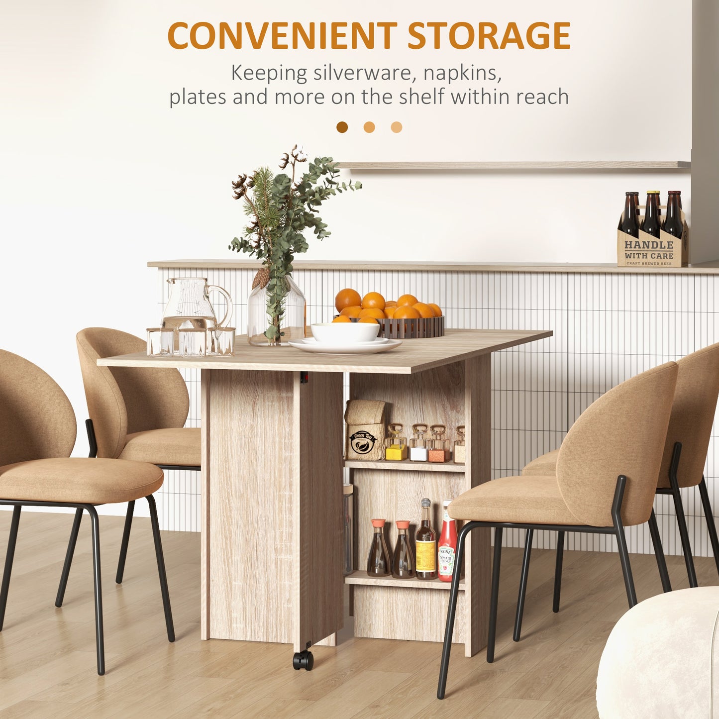 HOMCOM Extendable Dining Table, Collapsible Folding Table w/ 2-tier Shelves and Rolling Casters, Nature Wood