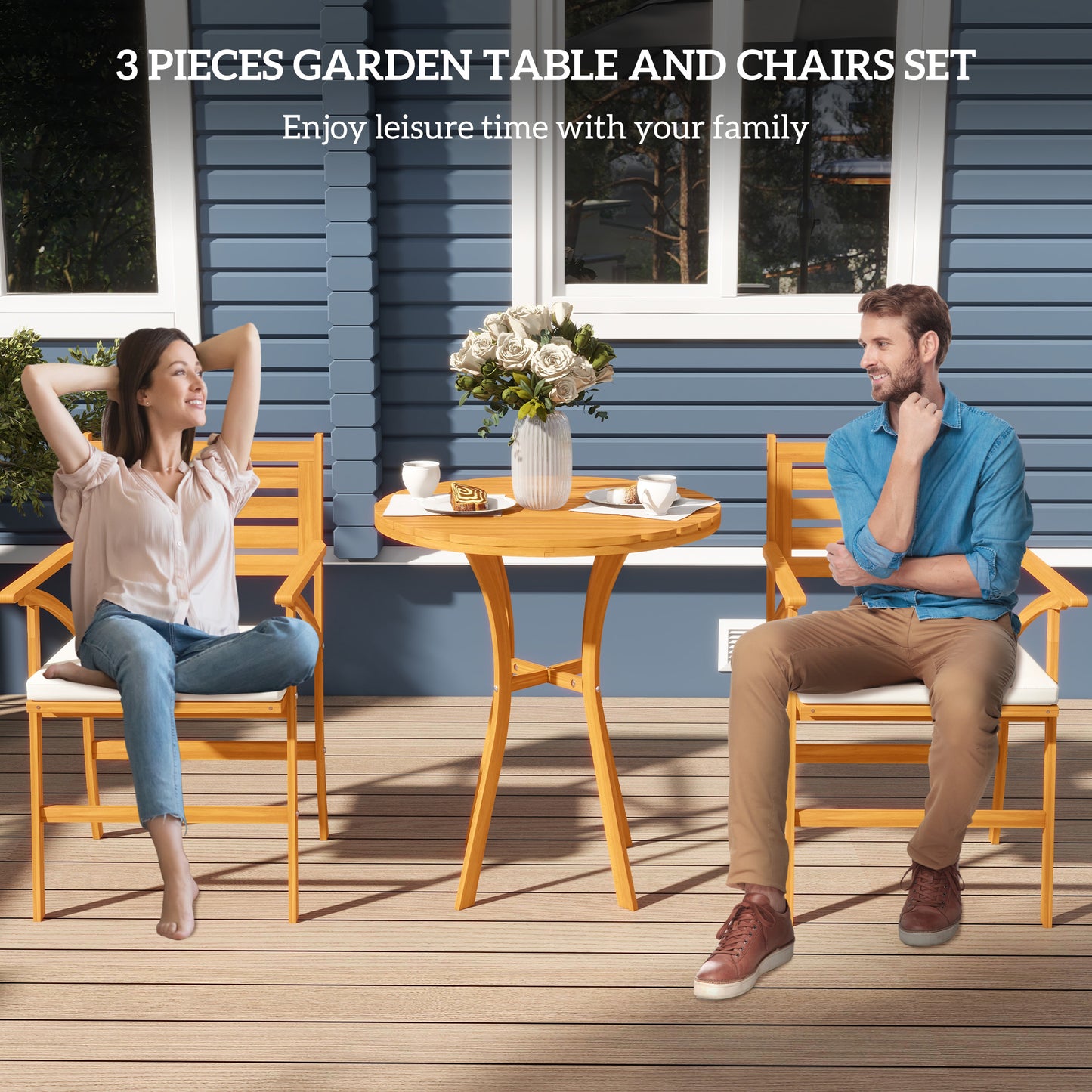 Outsunny 3 Piece Patio Set, Small Patio Table and Chairs, Wooden Outdoor Bistro Set w/ Cushions, Round Coffee Table, Brown