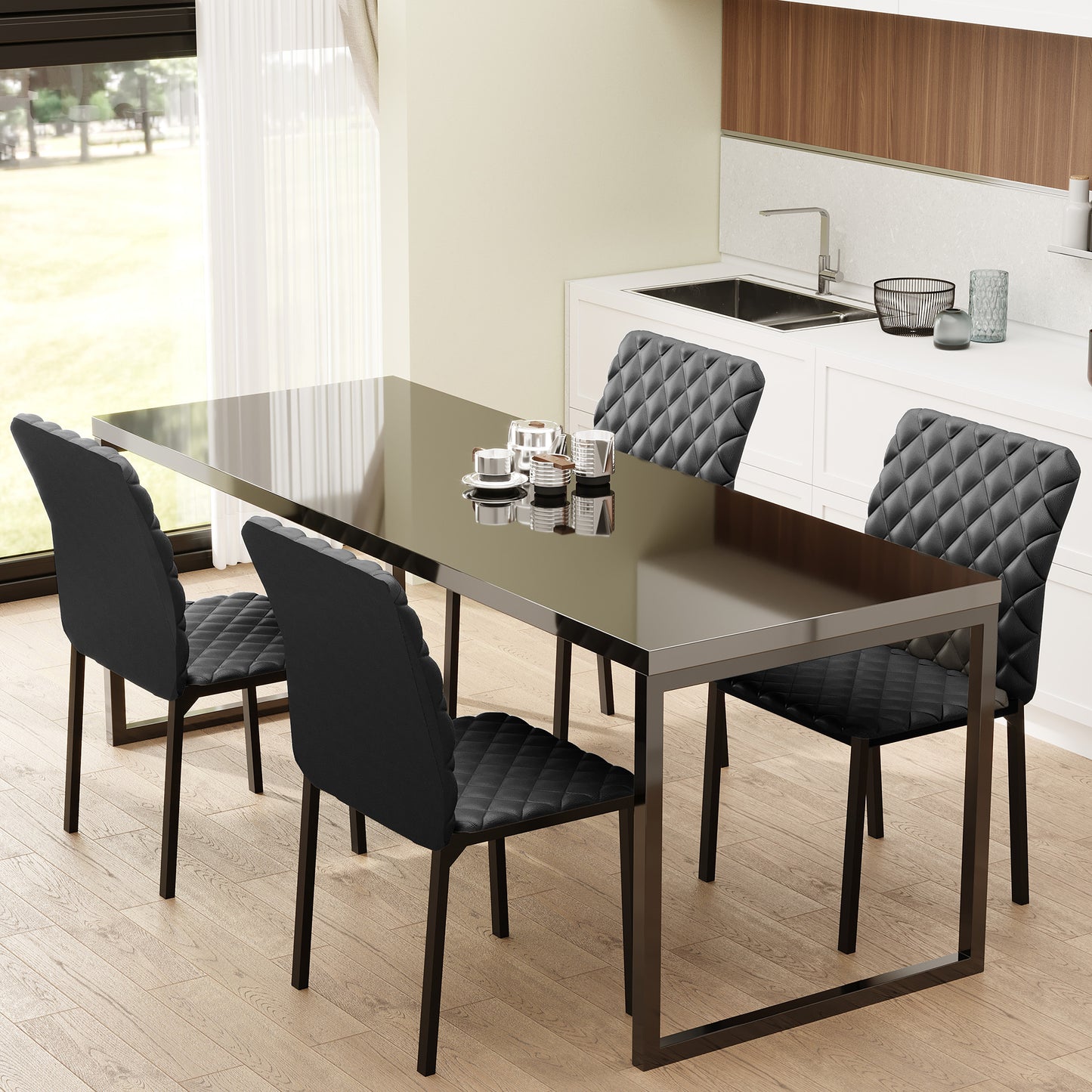 HOMCOM Modern Dining Chairs Set of 4, Upholstered Faux Leather Kitchen Chairs with Rhombic Tufting and Metal Legs for Living Room, White