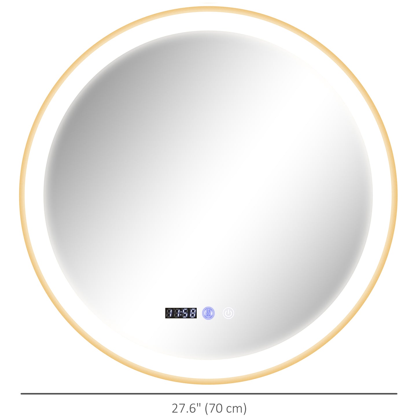 HOMCOM 24" Round Bathroom Mirror with LED Lights, Wall Mounted Vanity Mirror with Anti-Fog Pad, Time and Temp Display, Gold