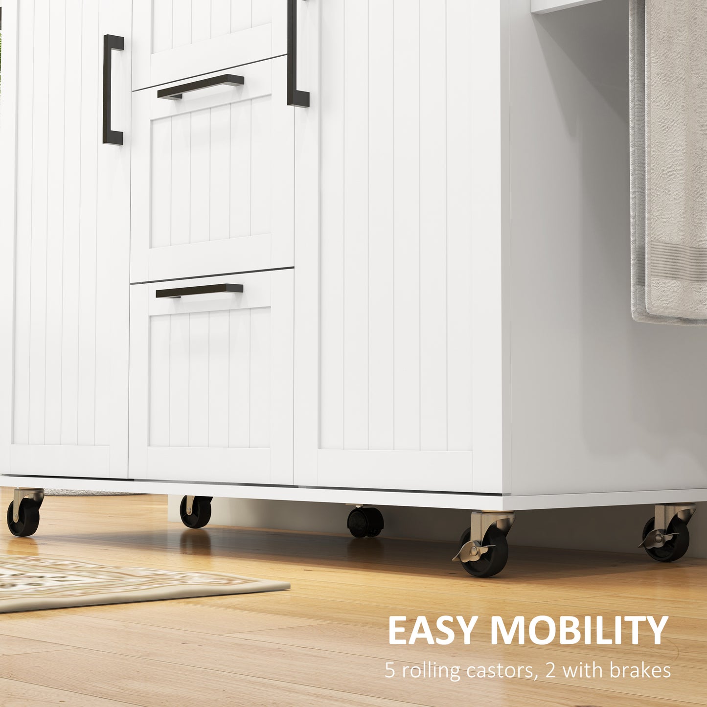 HOMCOM Rolling Kitchen Cart on Wheels with Drop Leaf, Kitchen Island with 3 Drawers, Solid Wood Top and Towel Rack, White