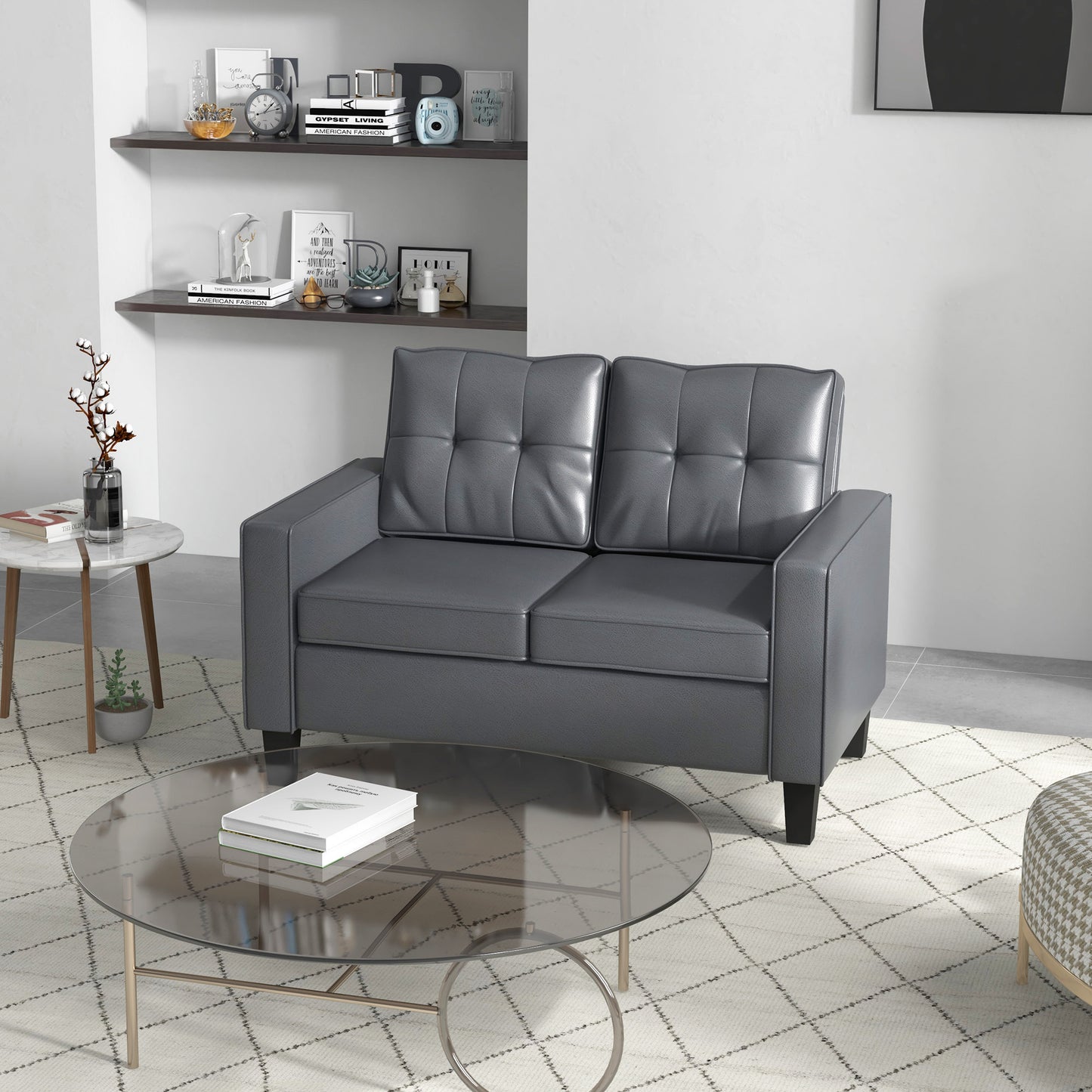 HOMCOM 51" PU Leather Loveseat, Upholstered Double Sofa Couch with Armrests, Tufted Backrest, Pocket Spring and Sponge Padded Cushion for Living Room, Bedroom, Home Office, Brown