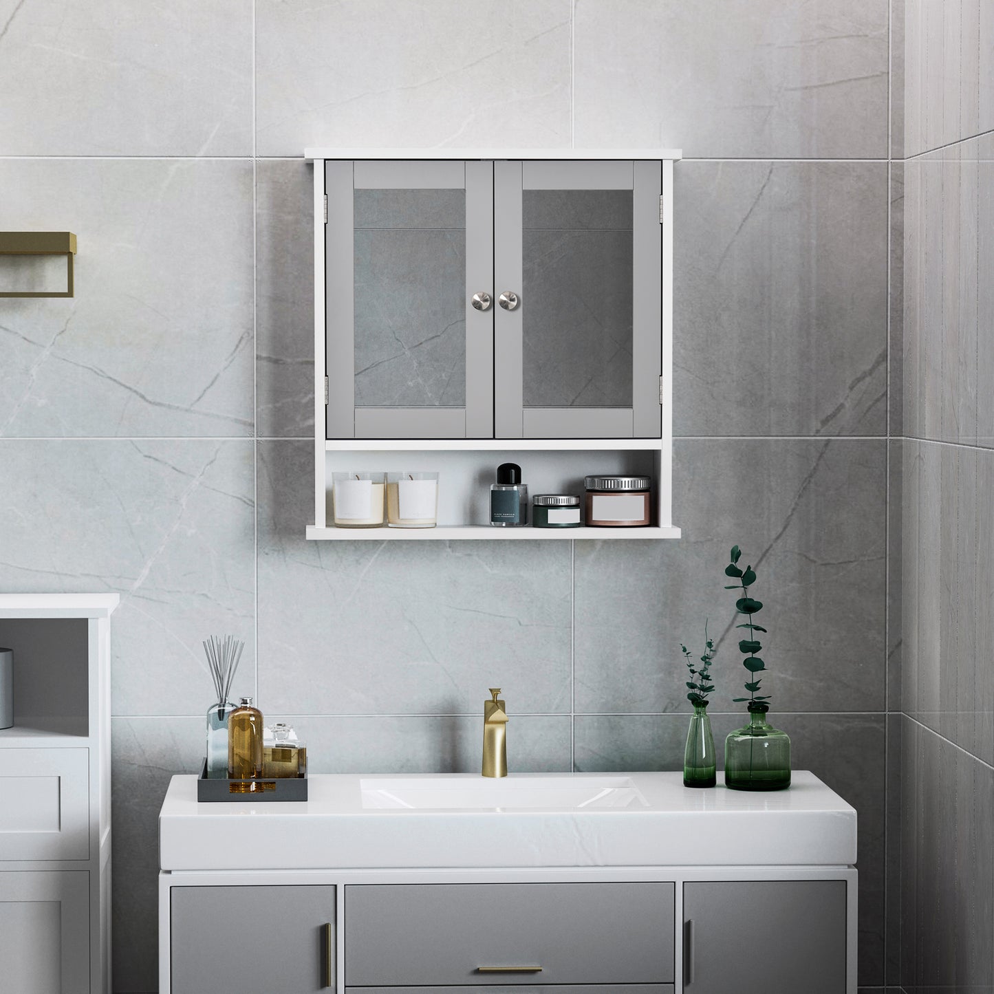 kleankin Medicine Cabinet, Wall-Mounted Bathroom Mirror Cabinet with Double Doors, Open Shelf, and Adjustable Shelf, Modern Bathroom Wall Cabinet, White and Grey
