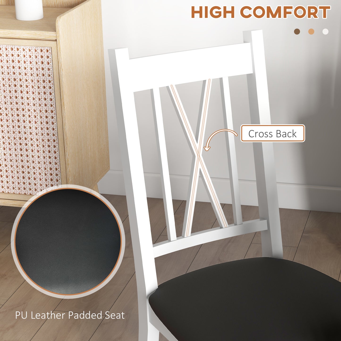 HOMCOM Farmhouse Dining Table Chairs Set of 2, Pine Wood Kitchen Table Chairs with PU Leather Cushion for Living Room, Bedroom