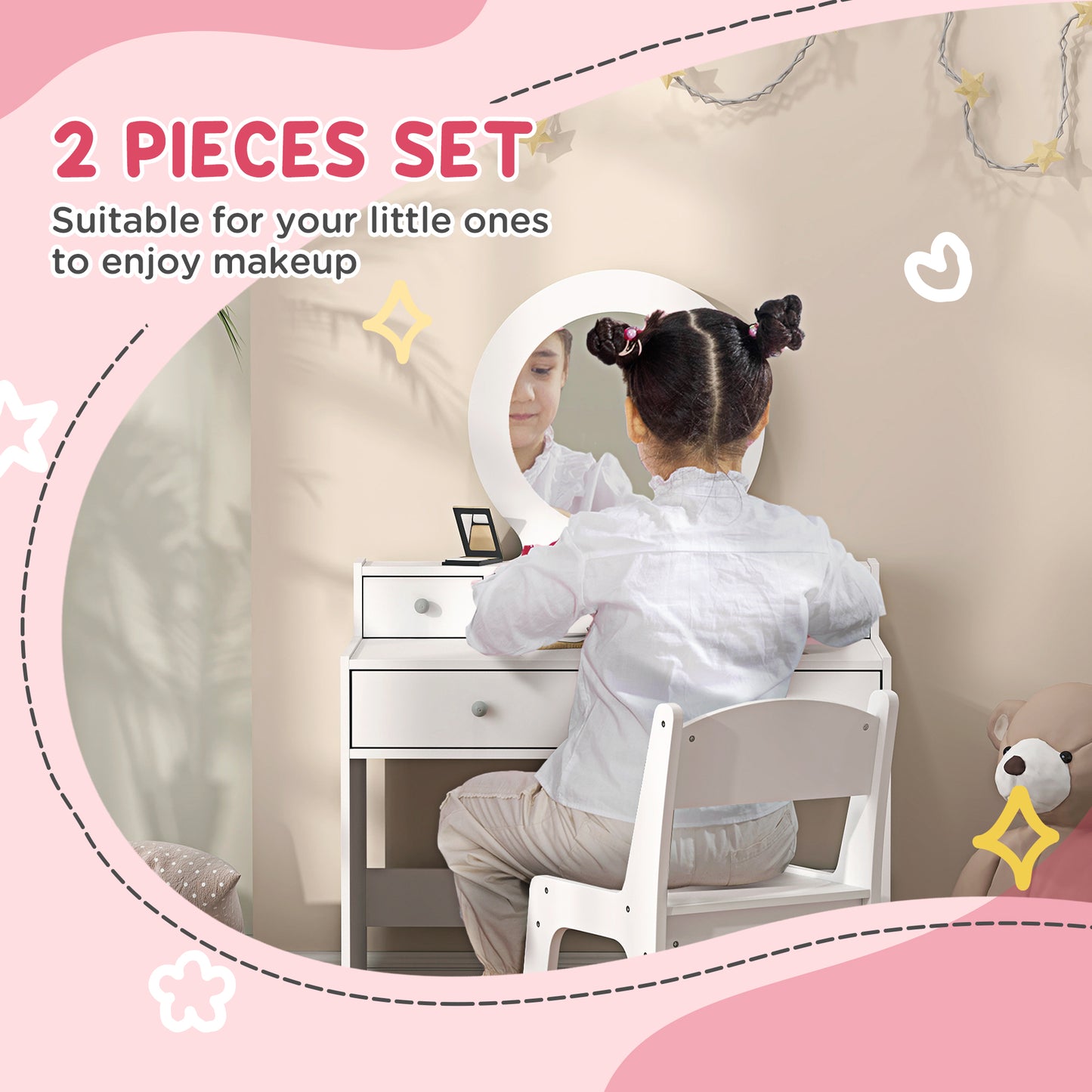Qaba Kids Vanity Set, Dual-Use Dressing Table with Removable Tri-Folding Mirror and Drawer, for Ages 3-8, Pink