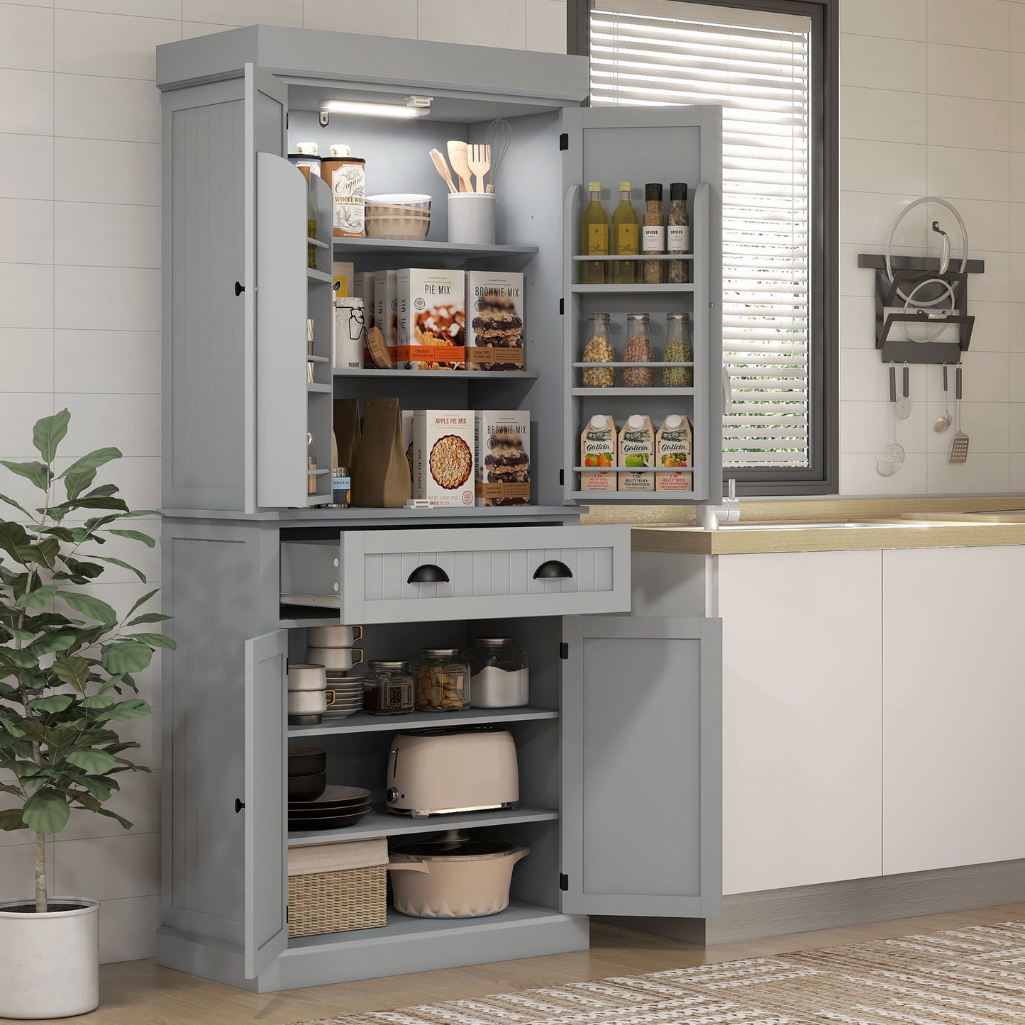 HOMCOM 71" Kitchen Pantry Cabinet with LED Lights, 6 Spice Racks, a Drawer and 4 Adjustable Shelves, White