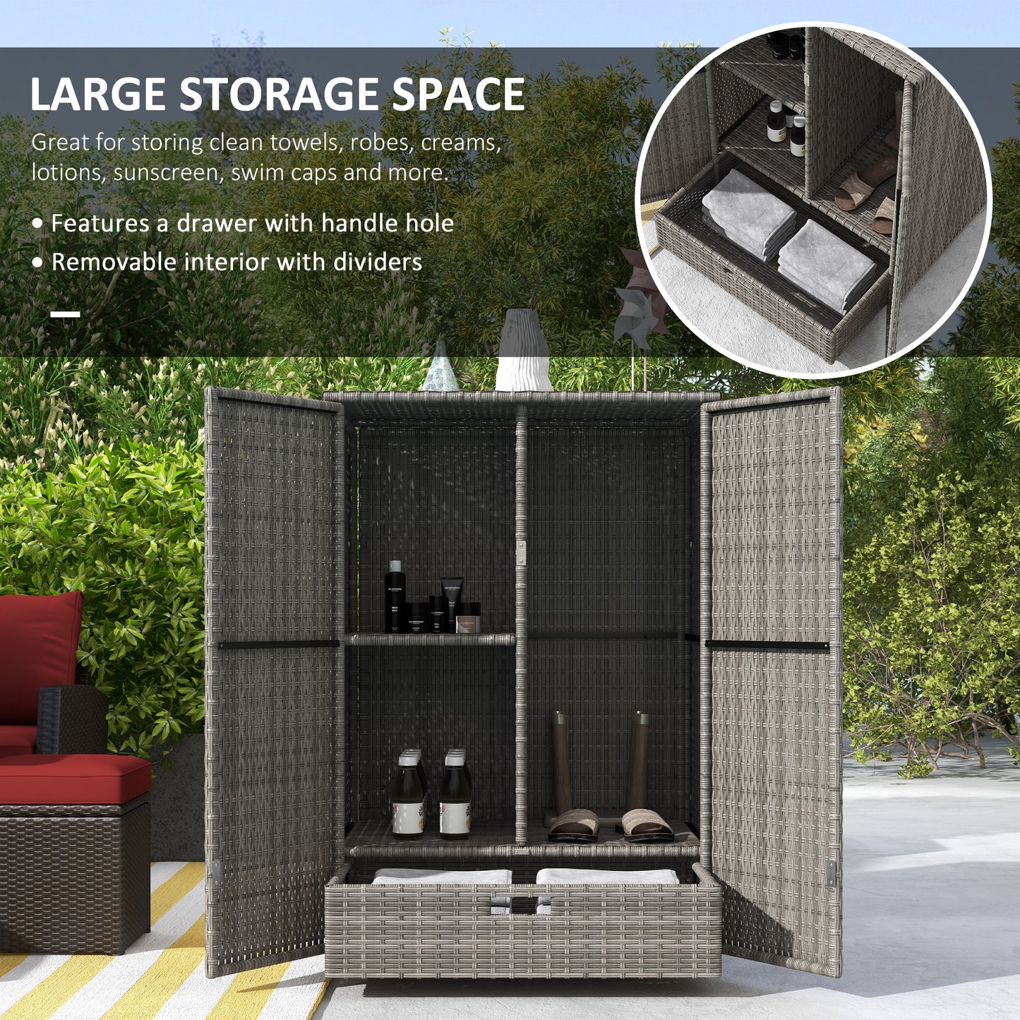 Outsunny Wicker Outdoor Storage Cabinet, 2-Door Rattan Pool Towel Storage Cabinet with Drawer & Removable Shelf, Dark Grey