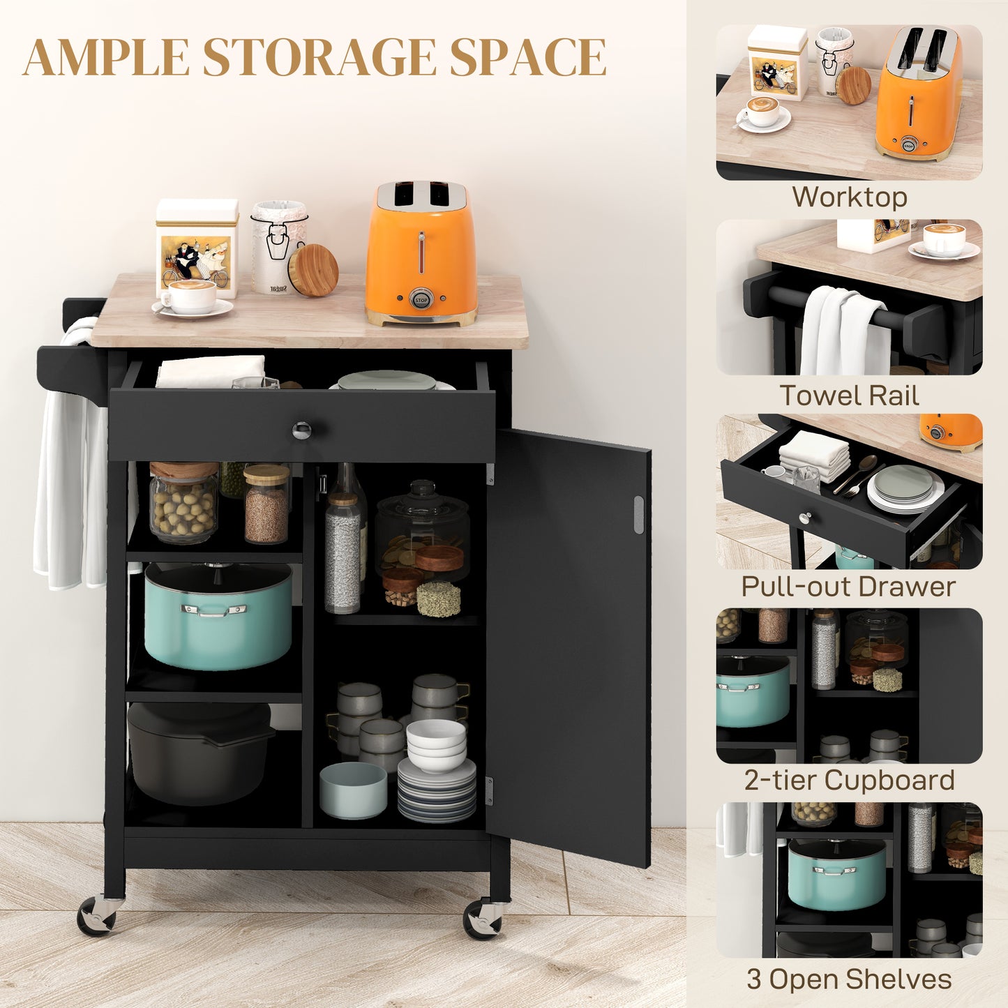HOMCOM Modern Rolling Kitchen Island Cart with Drawer, Natural Wood Top, Towel Rack, Door Storage Cabinet, White