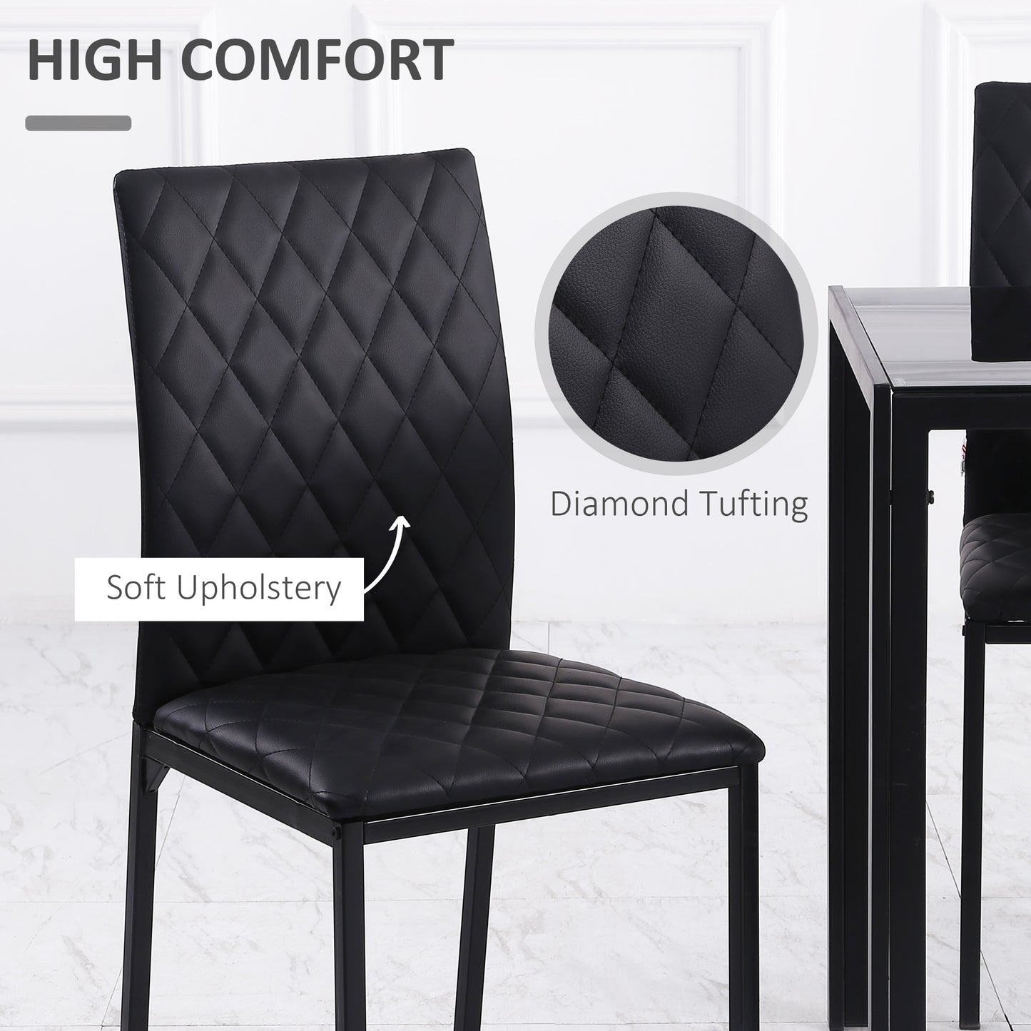 HOMCOM Modern Dining Chairs Set of 4, Upholstered Faux Leather Kitchen Chairs with Rhombic Tufting and Metal Legs for Living Room, White