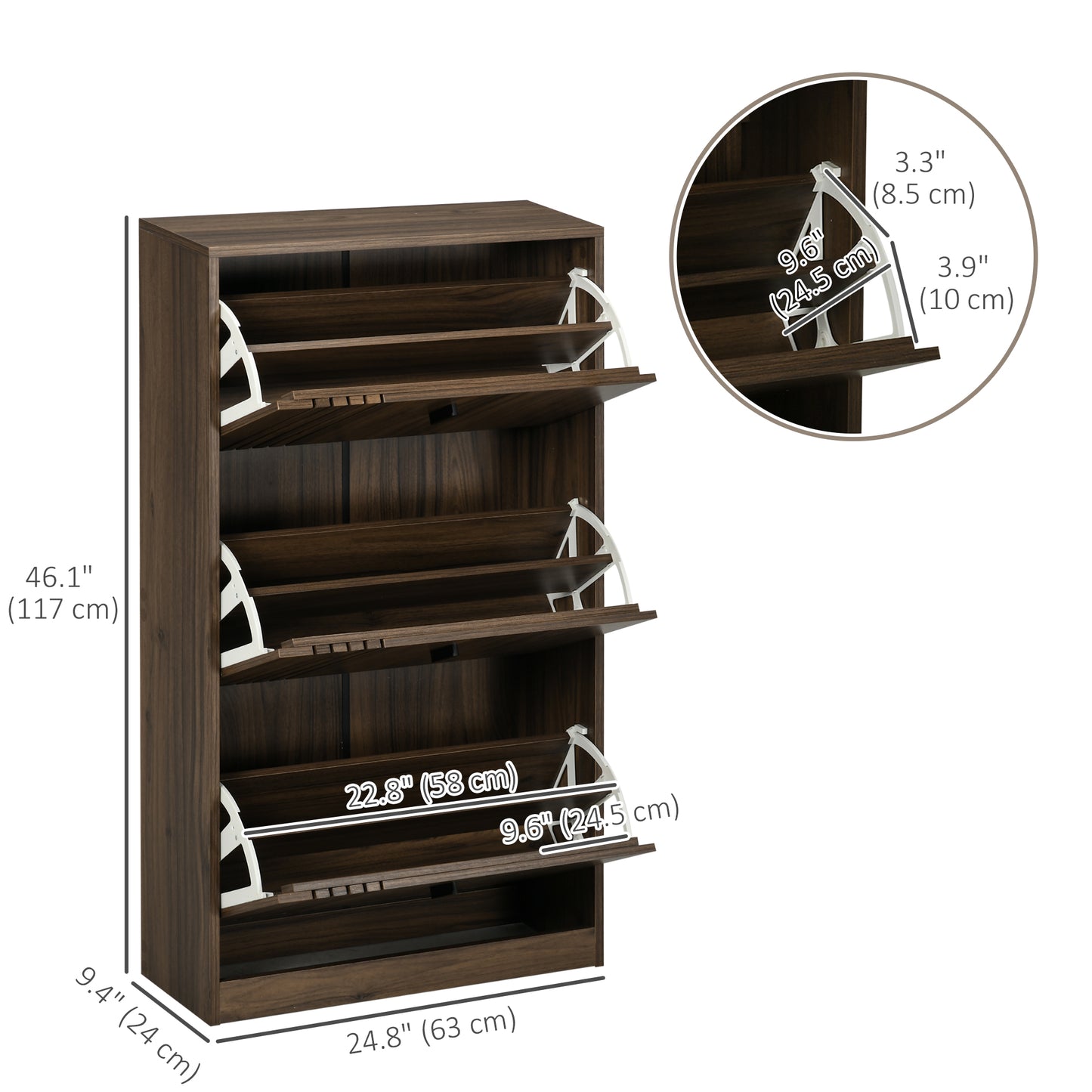 HOMCOM Shoe Storage Cabinet Organizer for 18 Pairs of Shoes with 3 Flip Drawers and Adjustable Shelves, Walnut