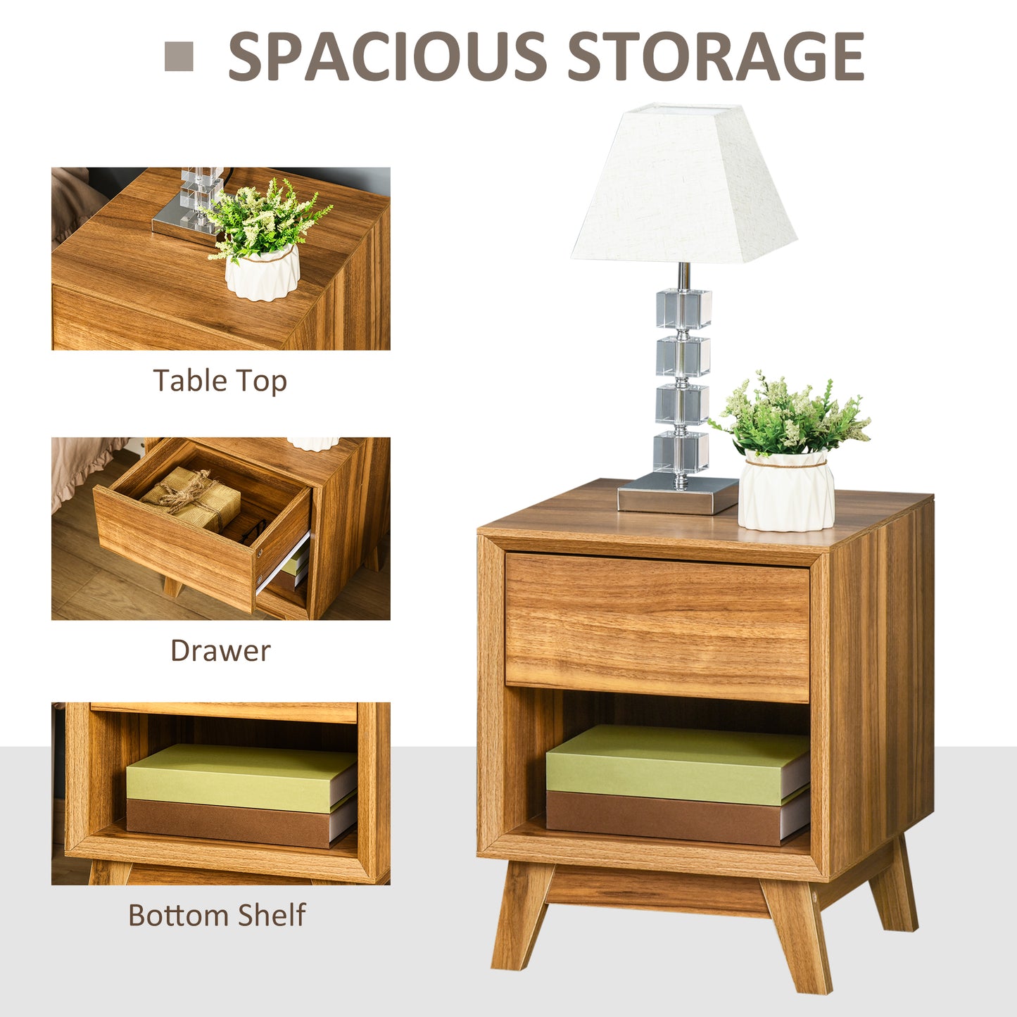 HOMCOM Bedside Table for Bedroom, Nightstand with Drawer and Shelf, Modern Side End Table, Walnut Brown