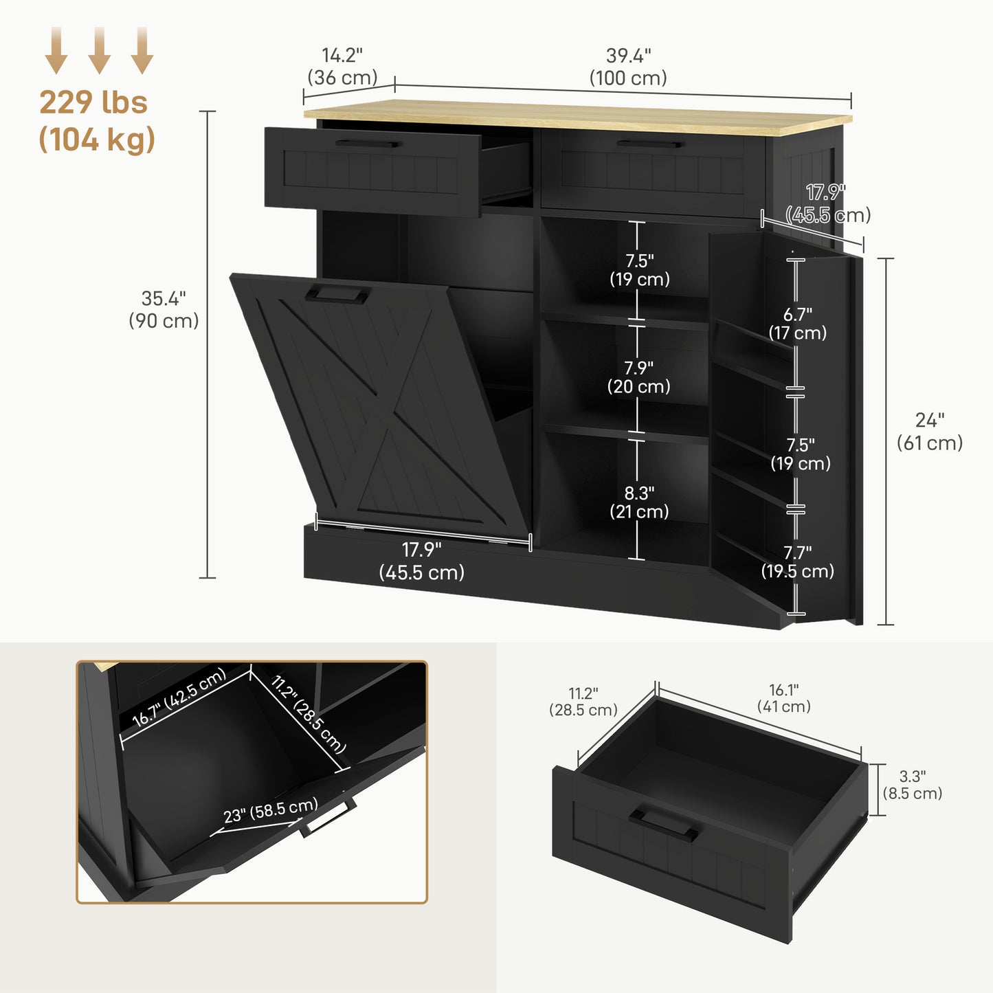 HOMCOM 10 Gallon Hidden Garbage Bin Cabinet, Tilt Out Trash Cabinet w/ 2 Drawers, Freestanding Kitchen Island, Black