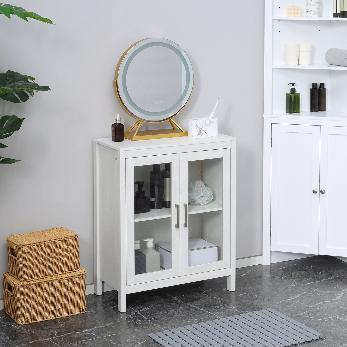 kleankin Modern Bathroom Storage Cabinet, Free Standing Bathroom Cabinet with Double Glass Doors and Adjustable Shelf, White