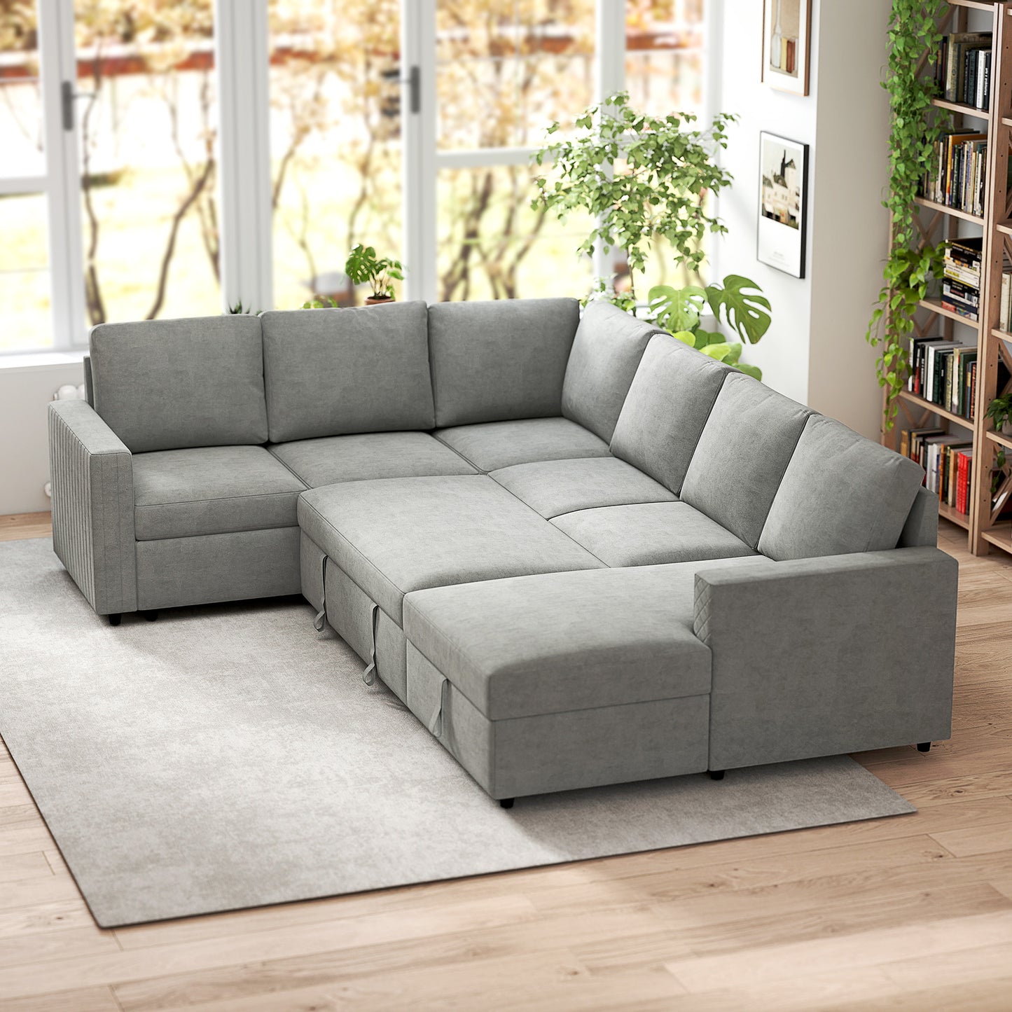 HOMCOM Pull Out Sofa Bed, Sleeper Sofa Couch with Hidden Storage, Chaise Lounge, Velvet Upholstery, U-Shaped Futon Couch