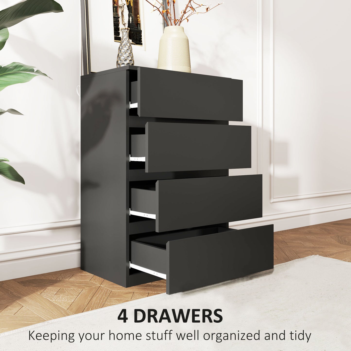 HOMCOM 4 Drawer Chest Storage Cupboard Freestanding Drawer Unit, Black