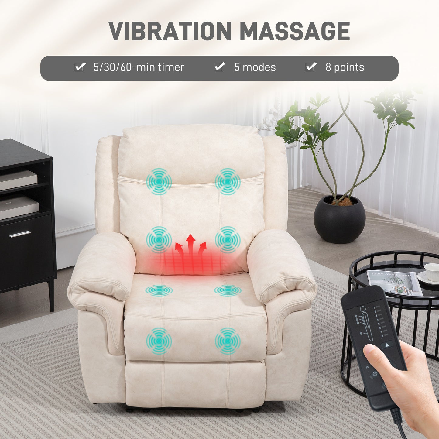 HOMCOM Manual Recliner Chair with Vibration Massage, Side Pockets, Microfibre Reclining Chair for Living Room, Cream White
