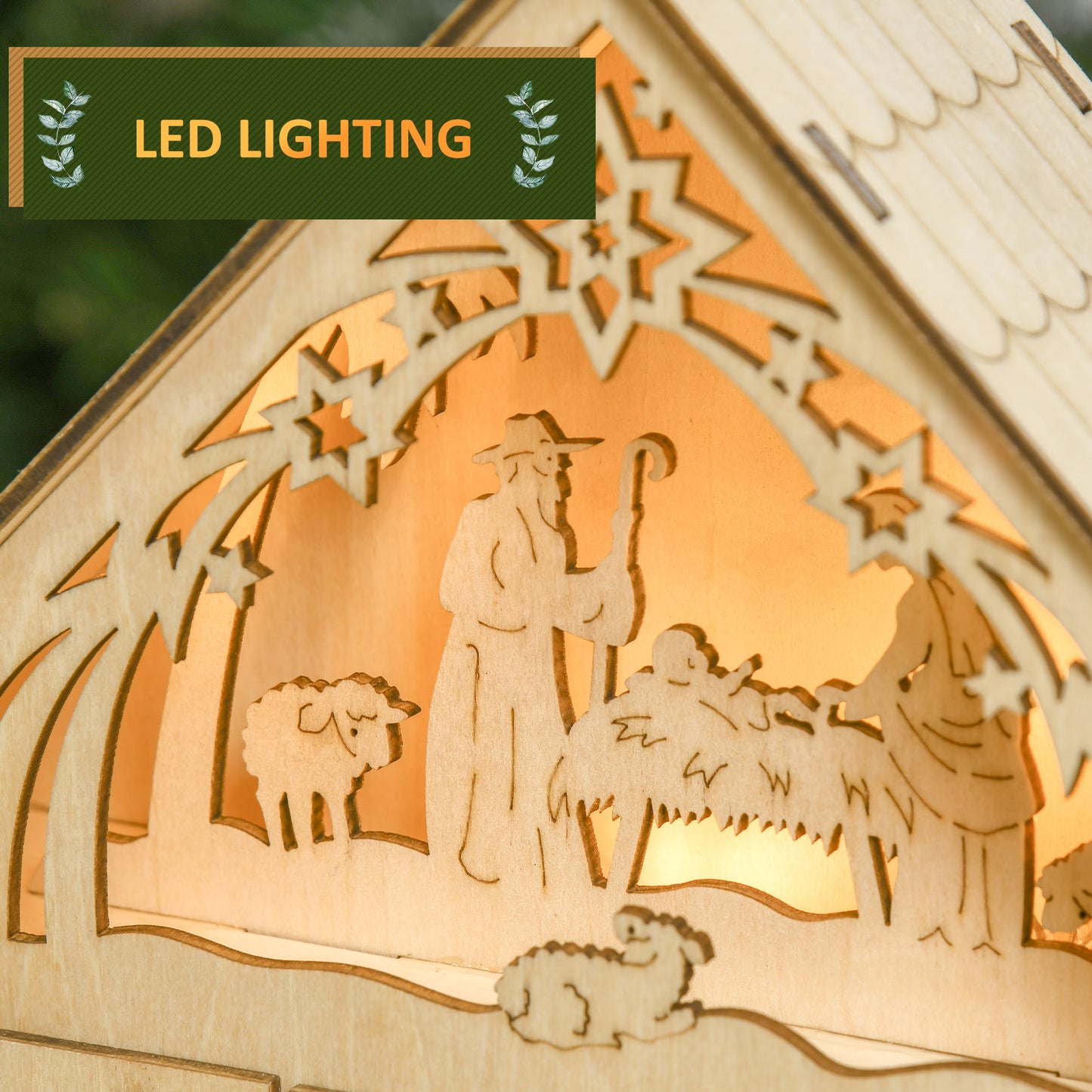 HOMCOM Wooden Christmas Advent Calendar, Lighted 24 Days Xmas Calendar House, Christmas Table Decoration with Countdown Drawers, Bible Characters, Battery Operated, Natural