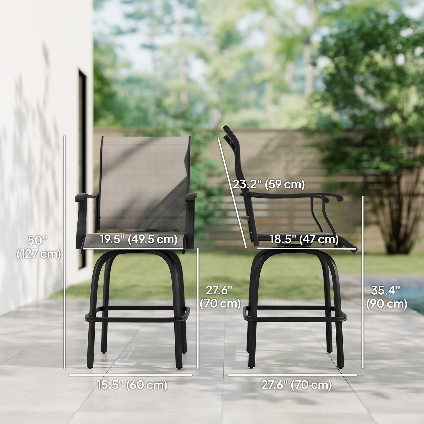 Outsunny Outdoor Bar Stools Set of 2, Swivel Bar Height Chairs with High Back, Curved Armrests and Steel Frame, Black