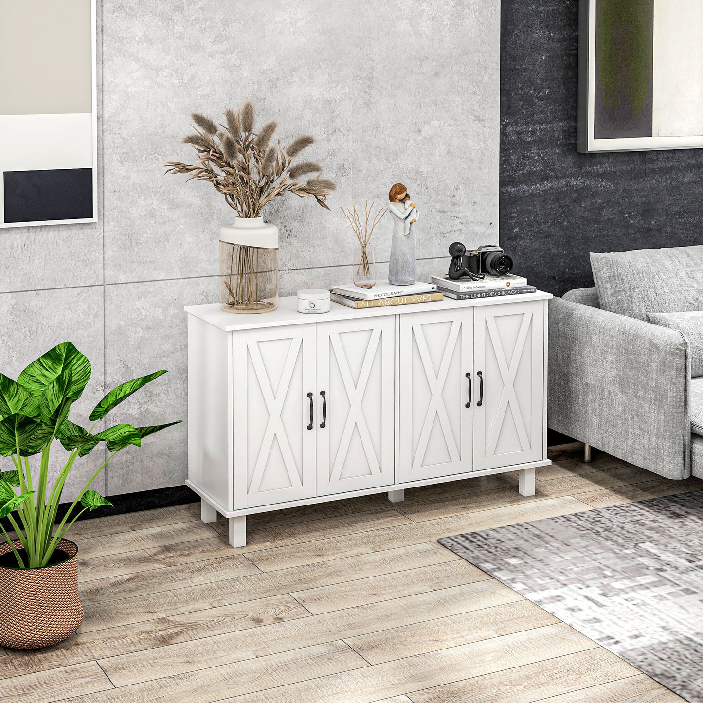 HOMCOM Kitchen Sideboard Cabinet with 4 Barn Doors and 2 Adjustable Shelves, Buffet Table for Living Room, Hallway, White