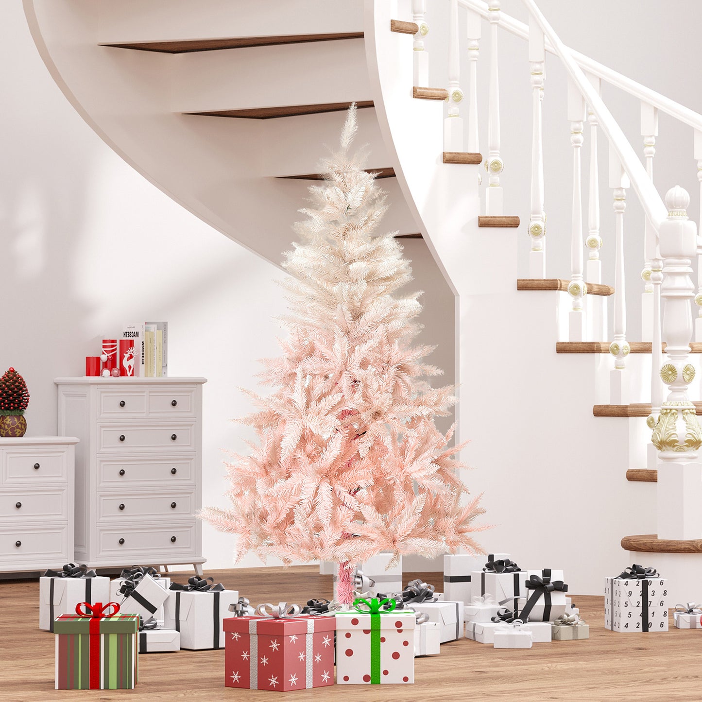 HOMCOM 6ft Artificial Christmas Tree Home Decoration Automatic Open White and Pink
