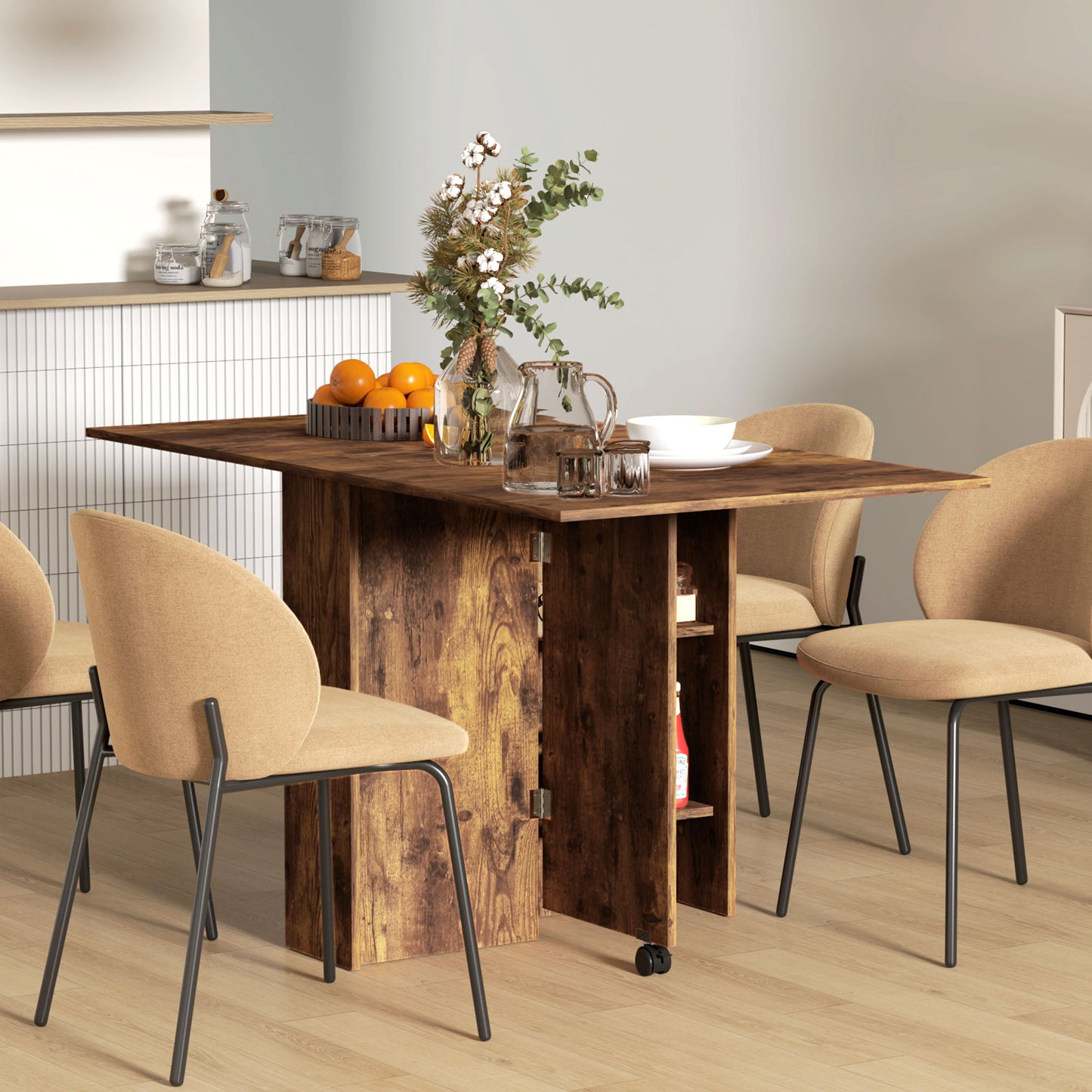 HOMCOM Extendable Dining Table, Collapsible Folding Table w/ 2-tier Shelves and Rolling Casters, Rustic Brown