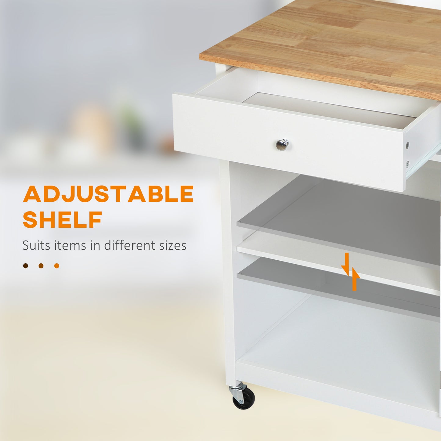 HOMCOM Rolling Kitchen Cart with Drawer and Glass Door Cabinet, Kitchen Island on Wheels with Towel Rack, White