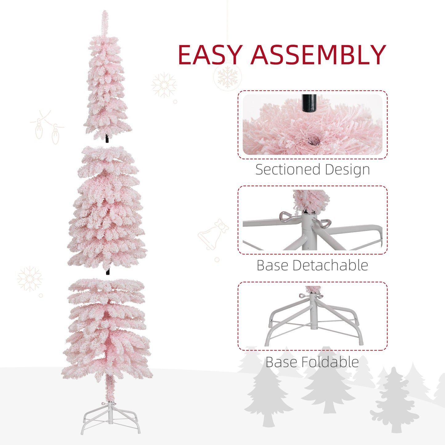HOMCOM 6 Ft Snow-Flocked Artificial Christmas Tree, Slim Pencil Xmas Tree with Realistic Branches, Metal Base, Green