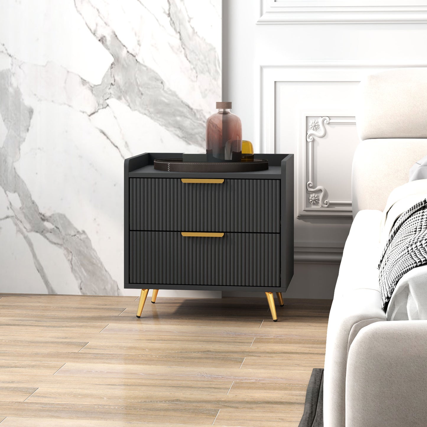 HOMCOM Bedside Table, Nightstand with 2 Drawers, Side End Table with Metal Legs for Bedroom, Black