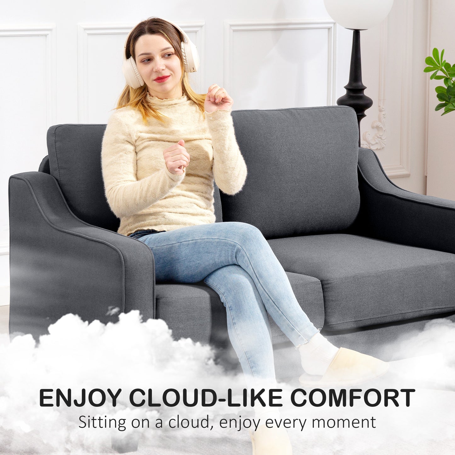 HOMCOM Loveseat Sofa, Modern Couch with Pocket Spring, Linen Upholstered, Thick Padded, Charcoal Grey