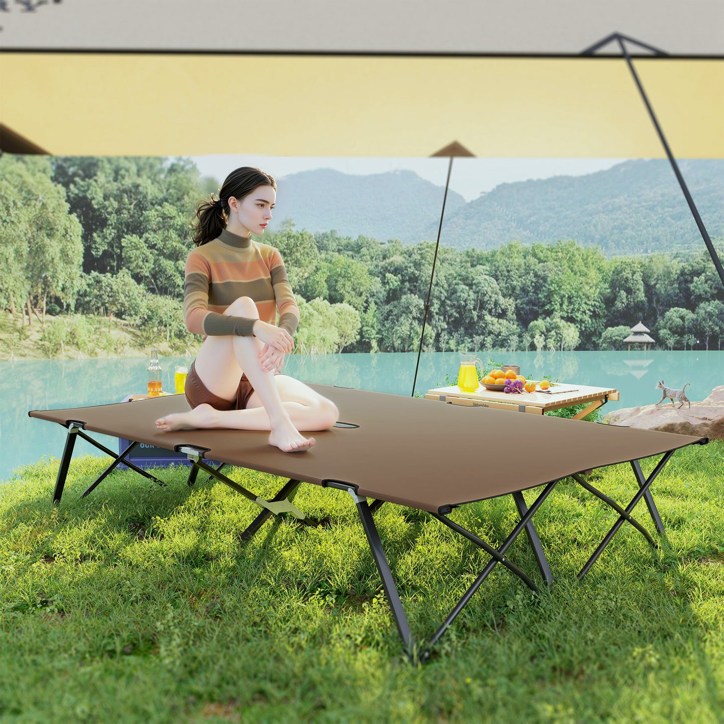Outsunny 76" Two Person Folding Camping Cot Outdoor Portable Double Cot Wide Military Sleeping Bed w/ Carrying Bag Blue