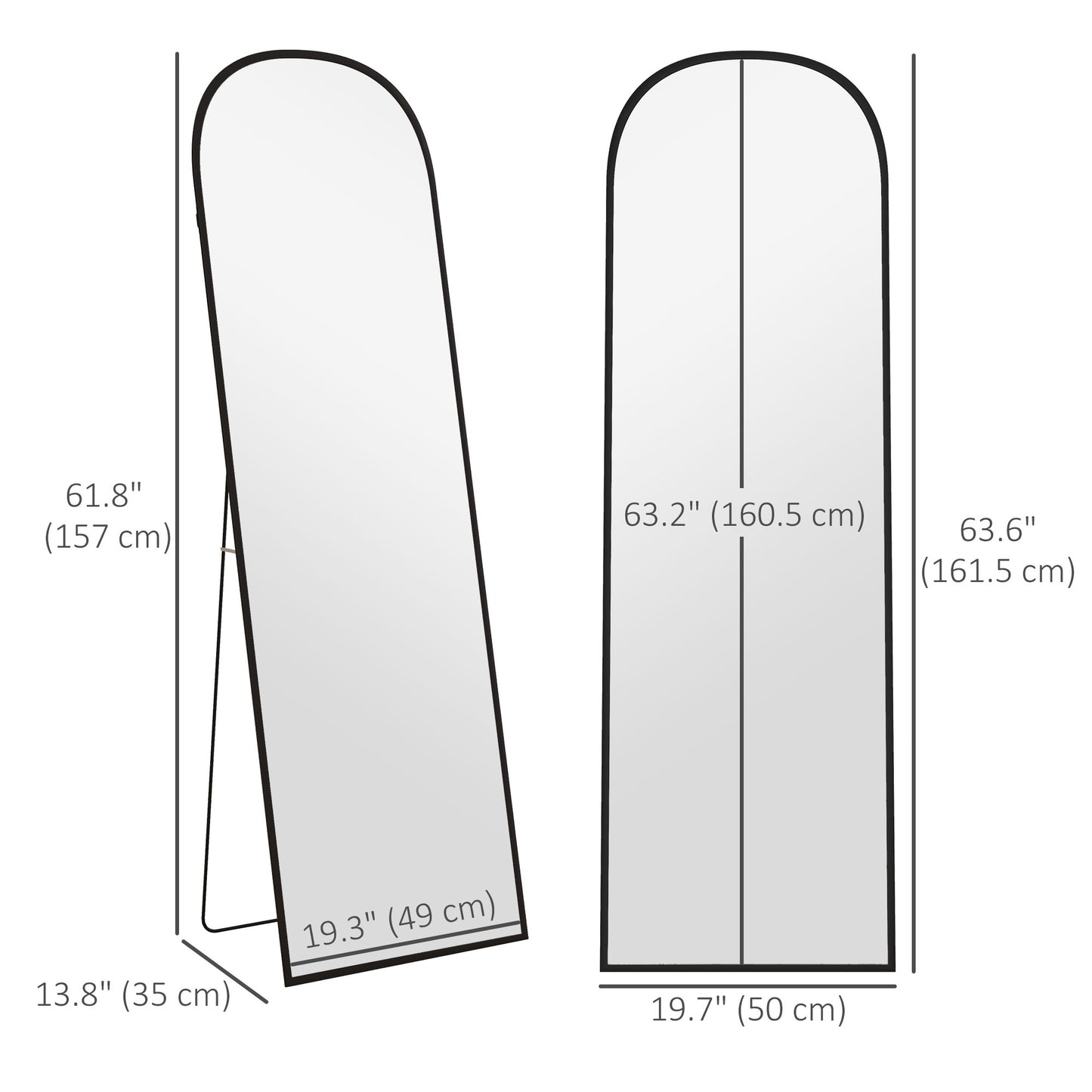 HOMCOM Arched Standing Mirror, 64" x 20" Full Length Mirror, Free Standing or Wall Mounted for Living Room, Bedroom, Black