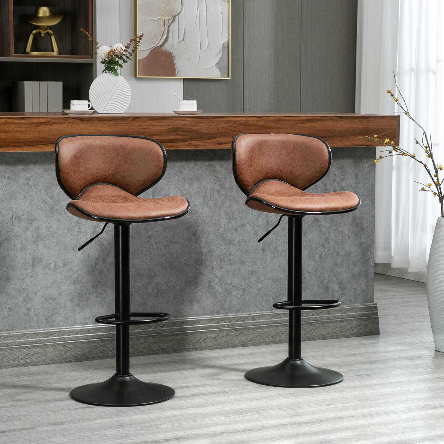 HOMCOM Vintage Set of 2 Microfiber Cloth Adjustable Bar Height Stools with Swivel Seat, Brown