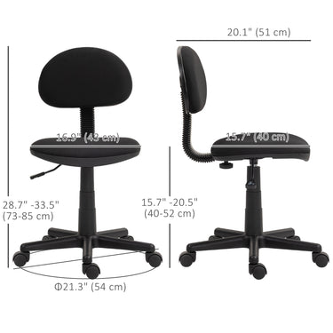 HOMCOM Small Desk Chair, Armless Office Chair with Adjustable Height, 360° Swivel Wheels, Low Back for Small Spaces, Black