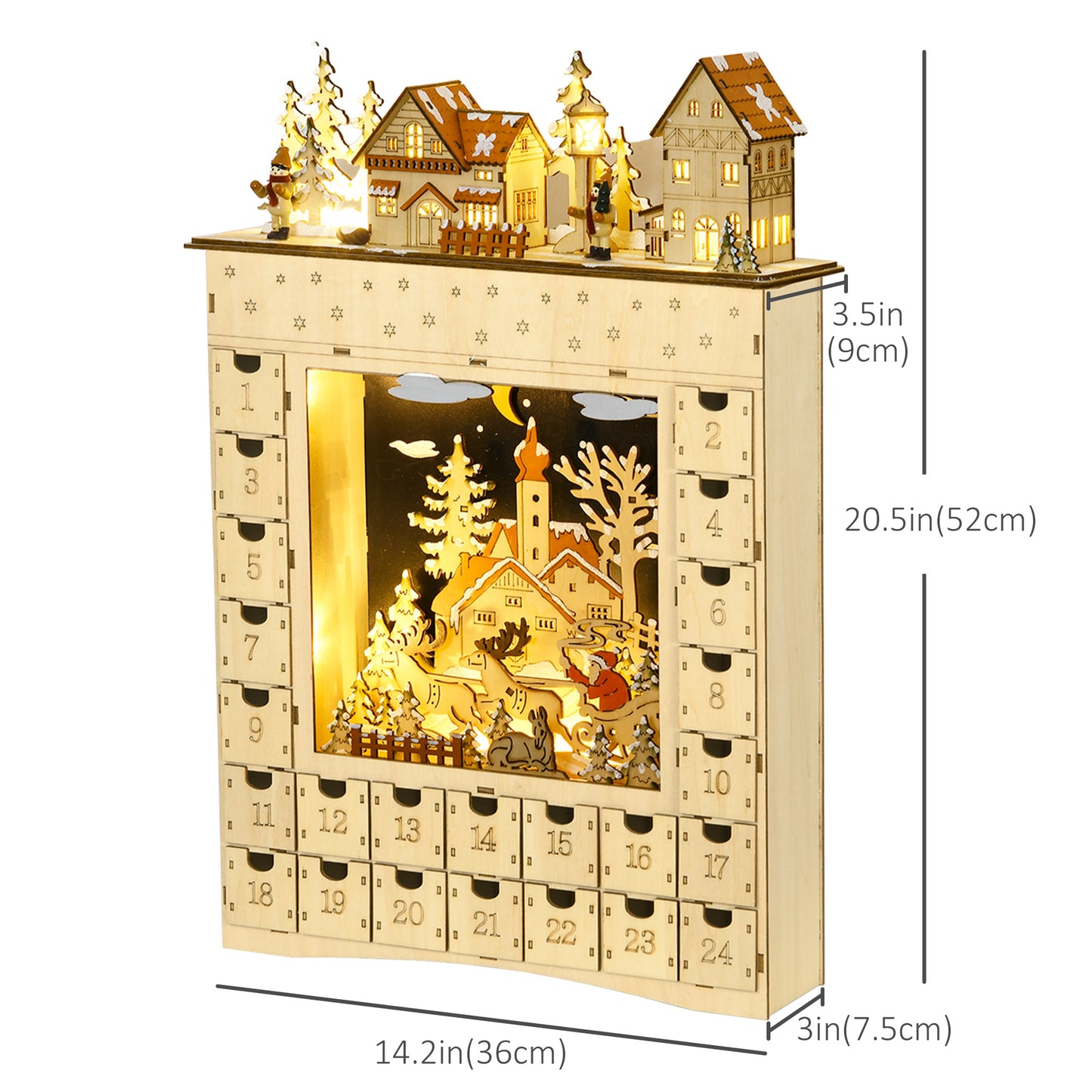 HOMCOM Wooden Christmas Advent Calendar, Lighted 24 Days Xmas Calendar House, Christmas Table Decoration with Countdown Drawers, Bible Characters, Battery Operated, Natural