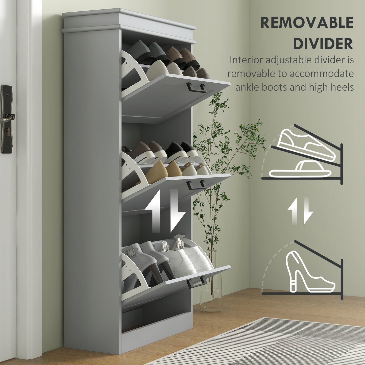 HOMCOM Slim Shoe Cabinet with 3 Flip Drawers and Adjustable Shelves, Narrow Shoe Cabinet for 15 Pairs of Shoes, White