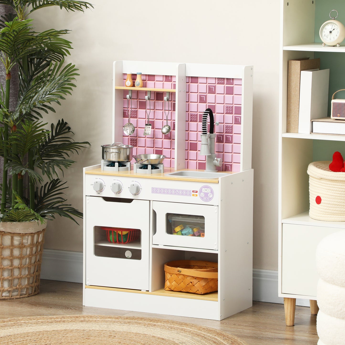 Qaba Play Kitchen Set for Kids, Kids Kitchen Playset with Realistic Lights & Sounds, Sink, Oven, Stove, White