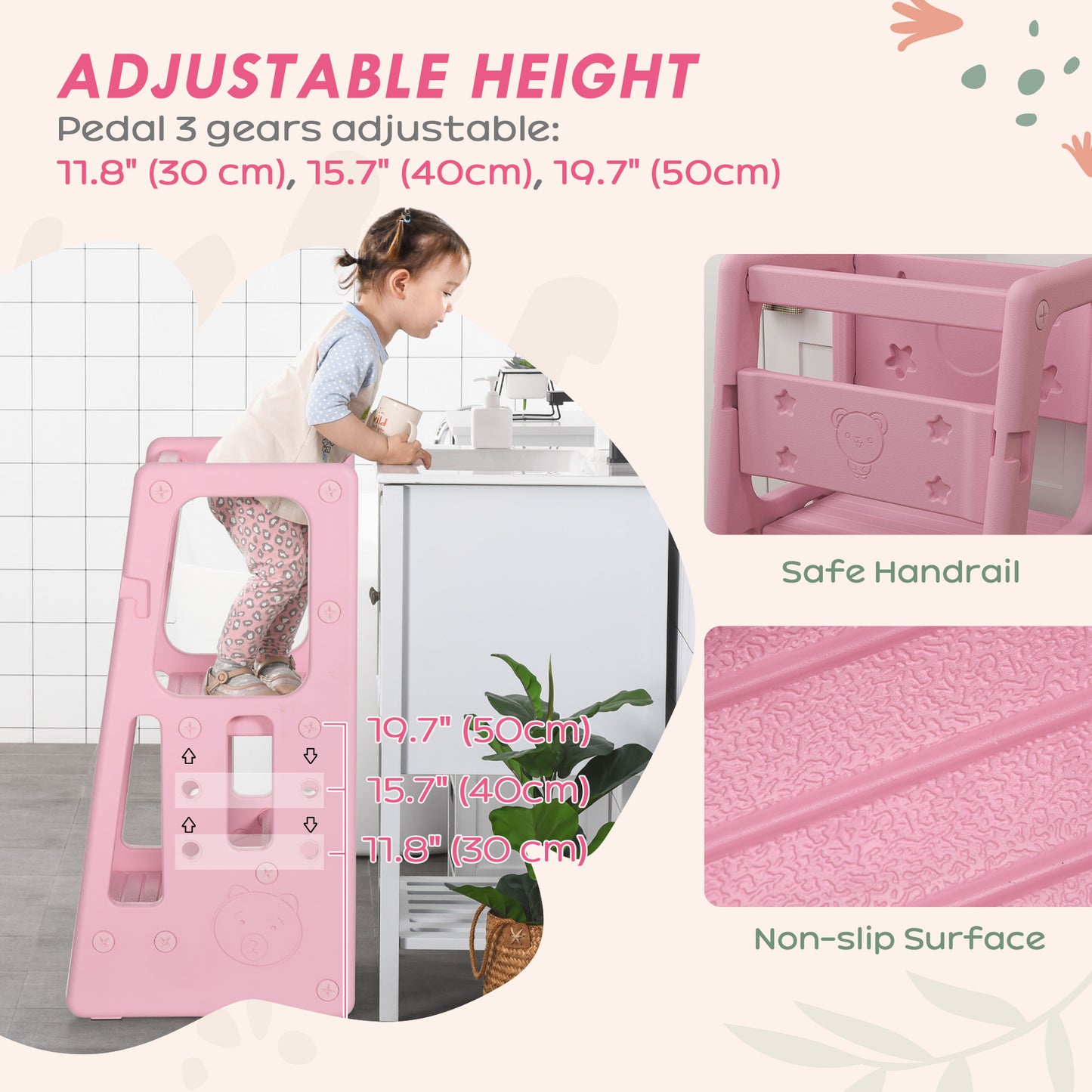 Qaba Toddler Kitchen Helper 2 Step Stool with Adjustable Height Platform and Safety Rail, White